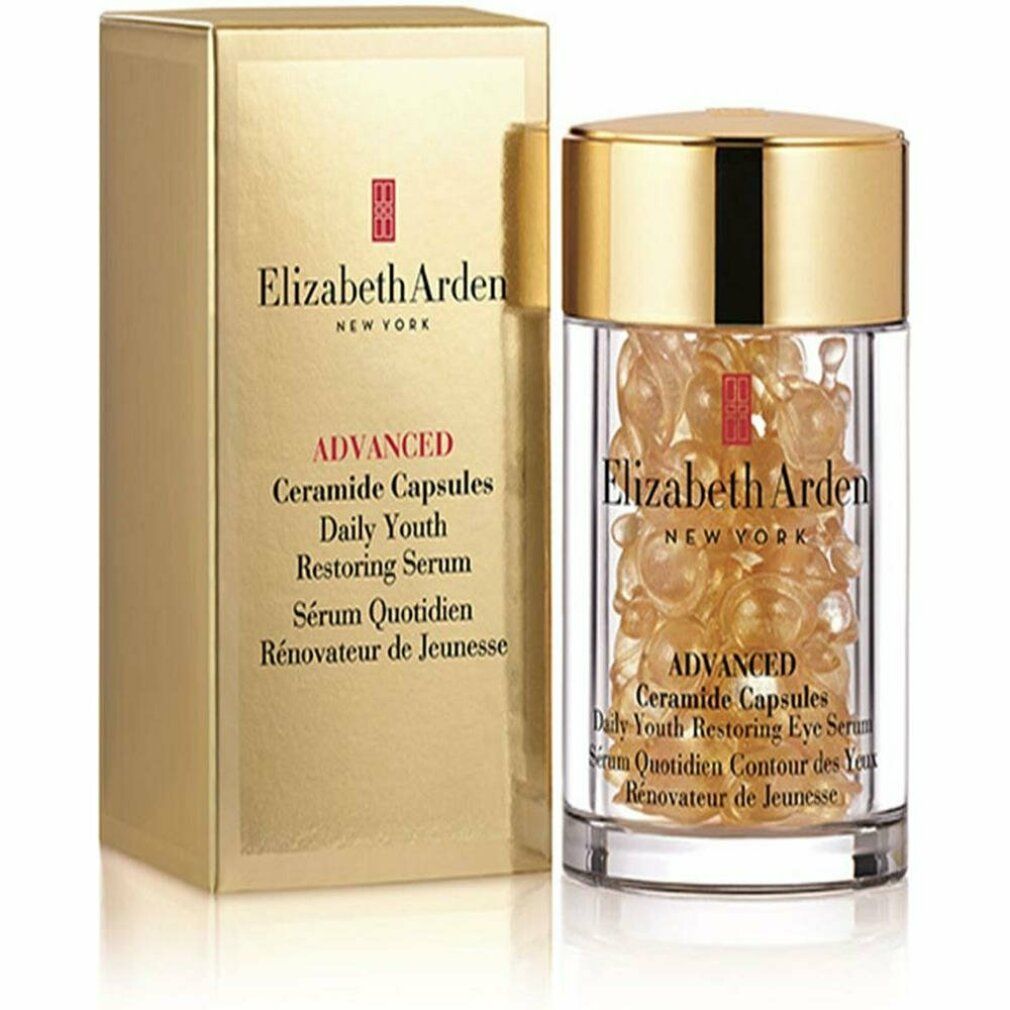 Confezione dorata e flacone di capsule. Scritta: Elizabeth Arden, Advanced Ceramide Capsules.