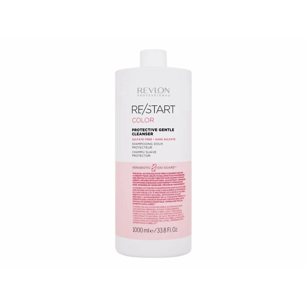 Flacone bianco con etichetta rosa. Testo: RE/START COLOR, Protective Gentle Cleanser. 1000 ml/33.8 fl oz.