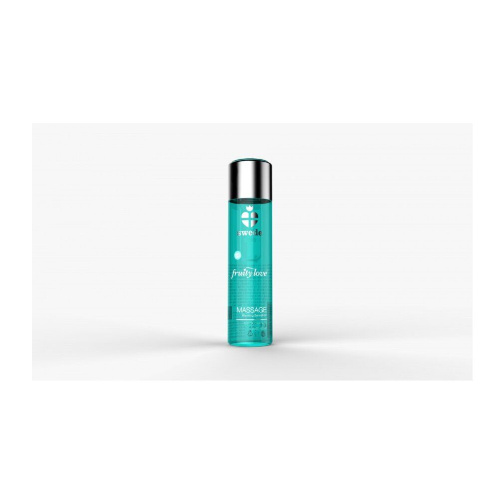 Flacone cilindrico con tappo argentato. Scritte: swede, fruity love, Massage. Liquido turchese.