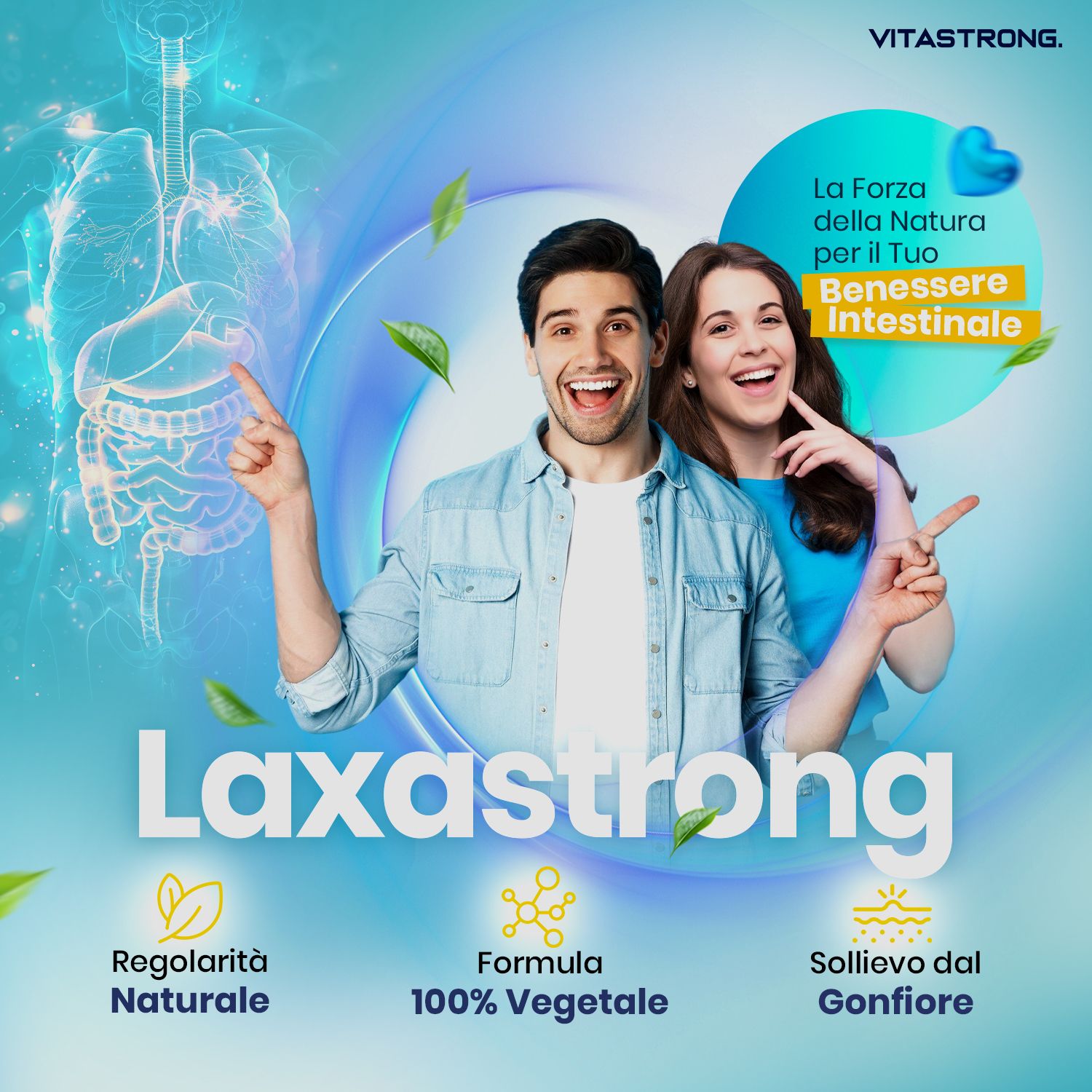 Vitastrong Laxastrong. Uomo e donna indicano l'intestino. Testo: Regolarità naturale, 100% vegetale, Sollievo dal gonfiore.