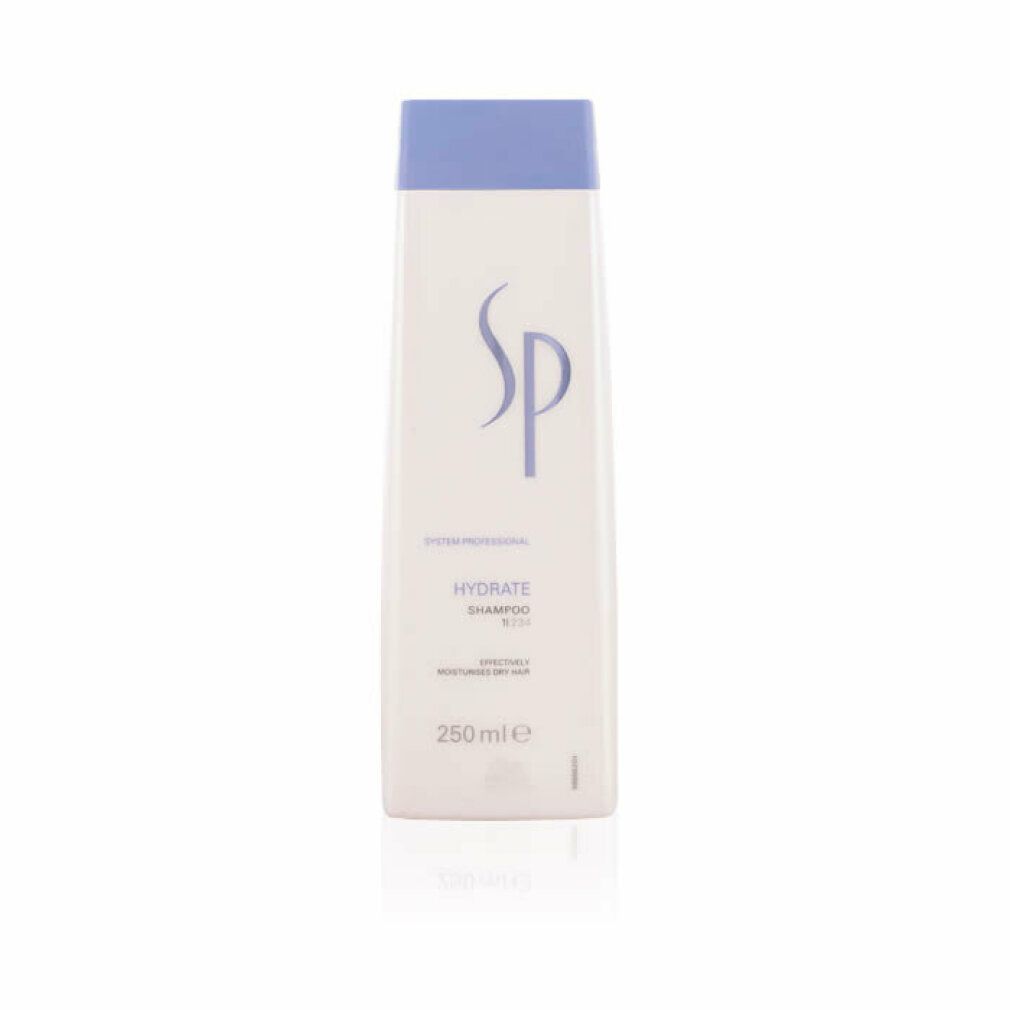 Flacone bianco con tappo blu e logo SP. Contiene Hydrate Shampoo. 250ml.