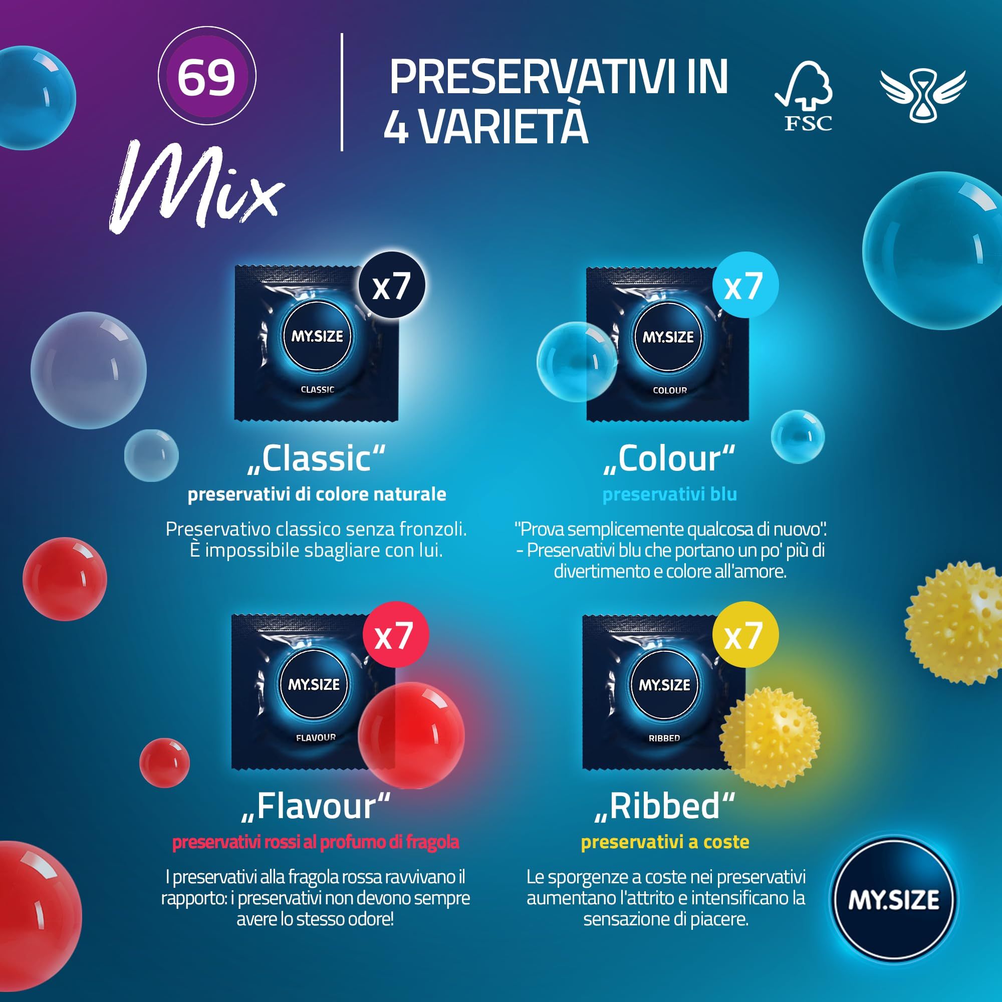 My.Size 69mm MIX: 7 taglie, 4 varianti. Misura la tua taglia per una vestibilità perfetta.