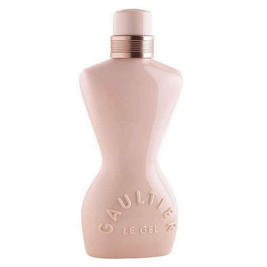 Flacone rosa sagomato con collo dorato. Scritta 'GAULTIER LE GEL'.
