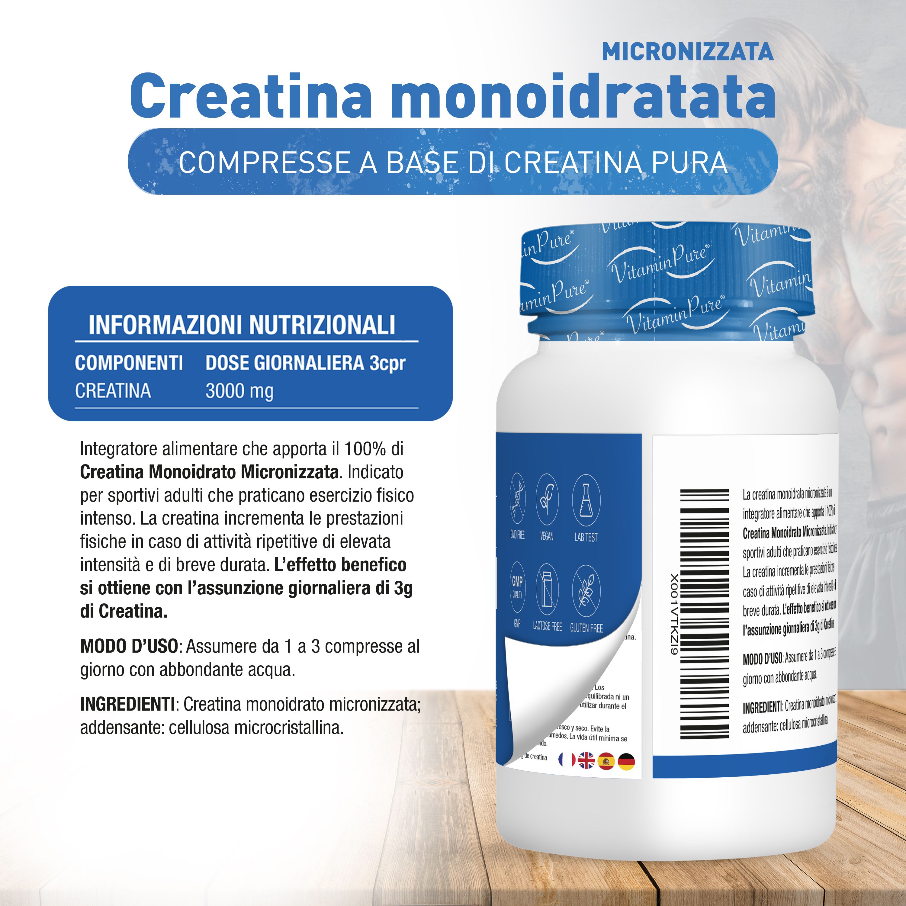VitaminPure® Creatina Monoidrata Micronizzata Pura Per Forza, Recupero e Resistenza