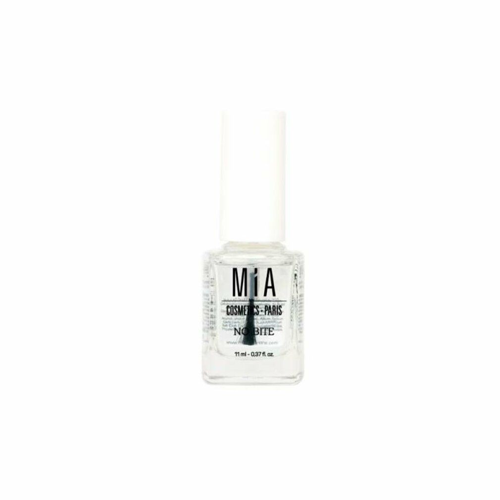 Flacone di smalto trasparente con tappo bianco. Scritta: Mía Cosmetics Paris, No Bite. Volume: 11 ml.