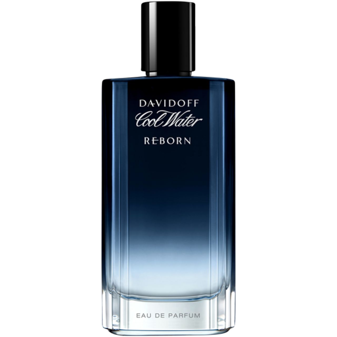Flacone Davidoff Cool Water Reborn. Forma rettangolare, sfumatura blu a trasparente. Tappo nero. Scritte visibili.