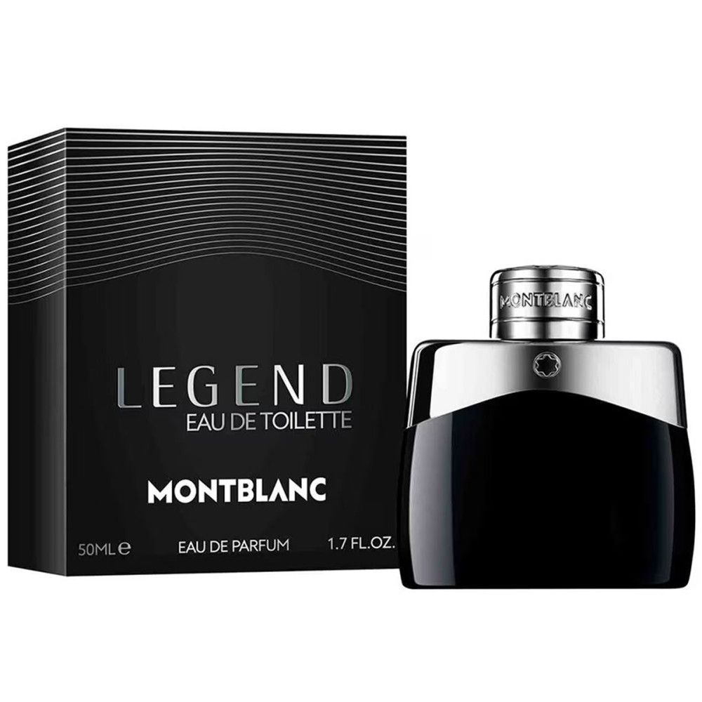Flacone nero con tappo argentato e confezione. Scritta: LEGEND, MONTBLANC. 50ml, 1.7 FL.OZ.