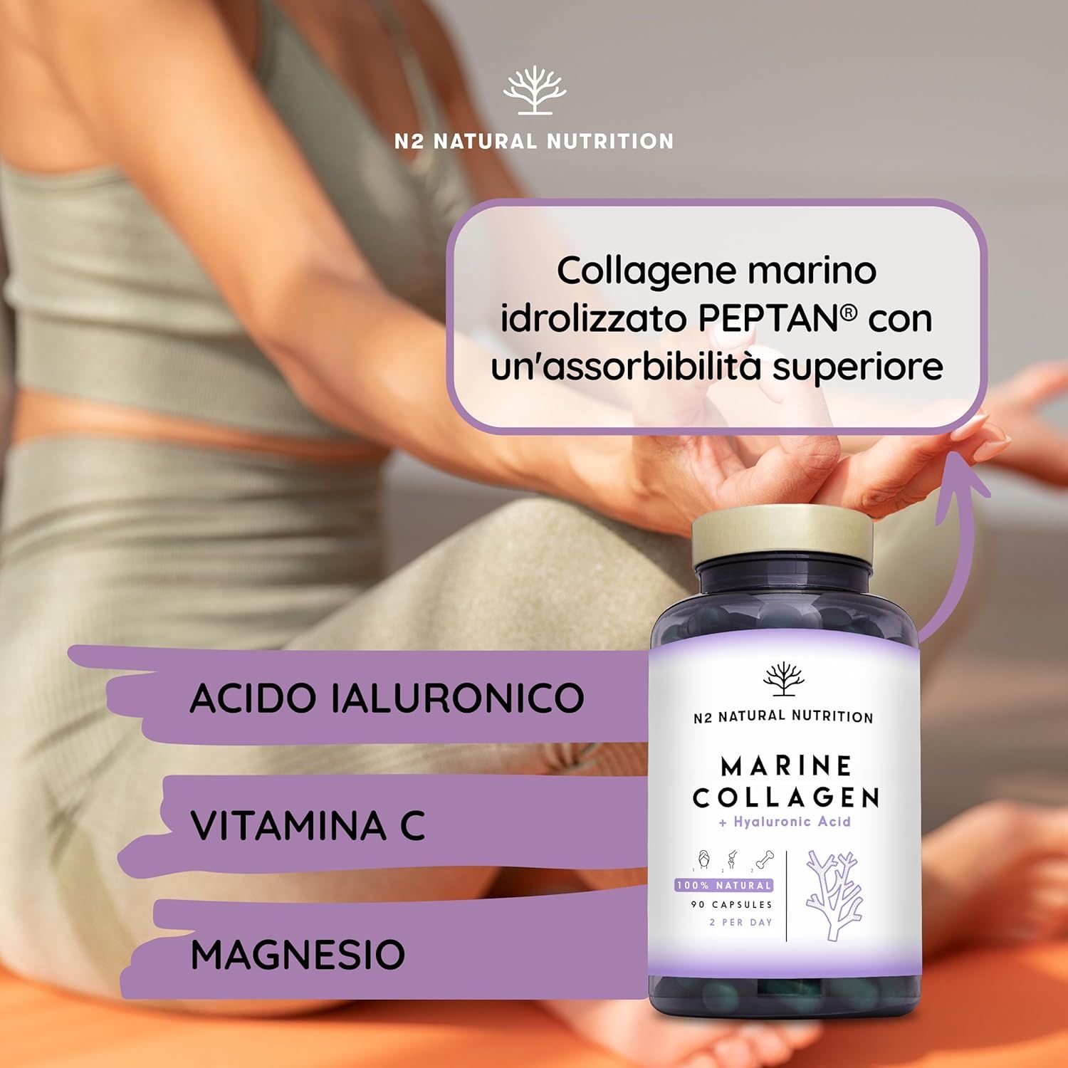 Flacone di capsule. Testo: Marine Collagen + Hyaluronic Acid. Ingredienti aggiuntivi.