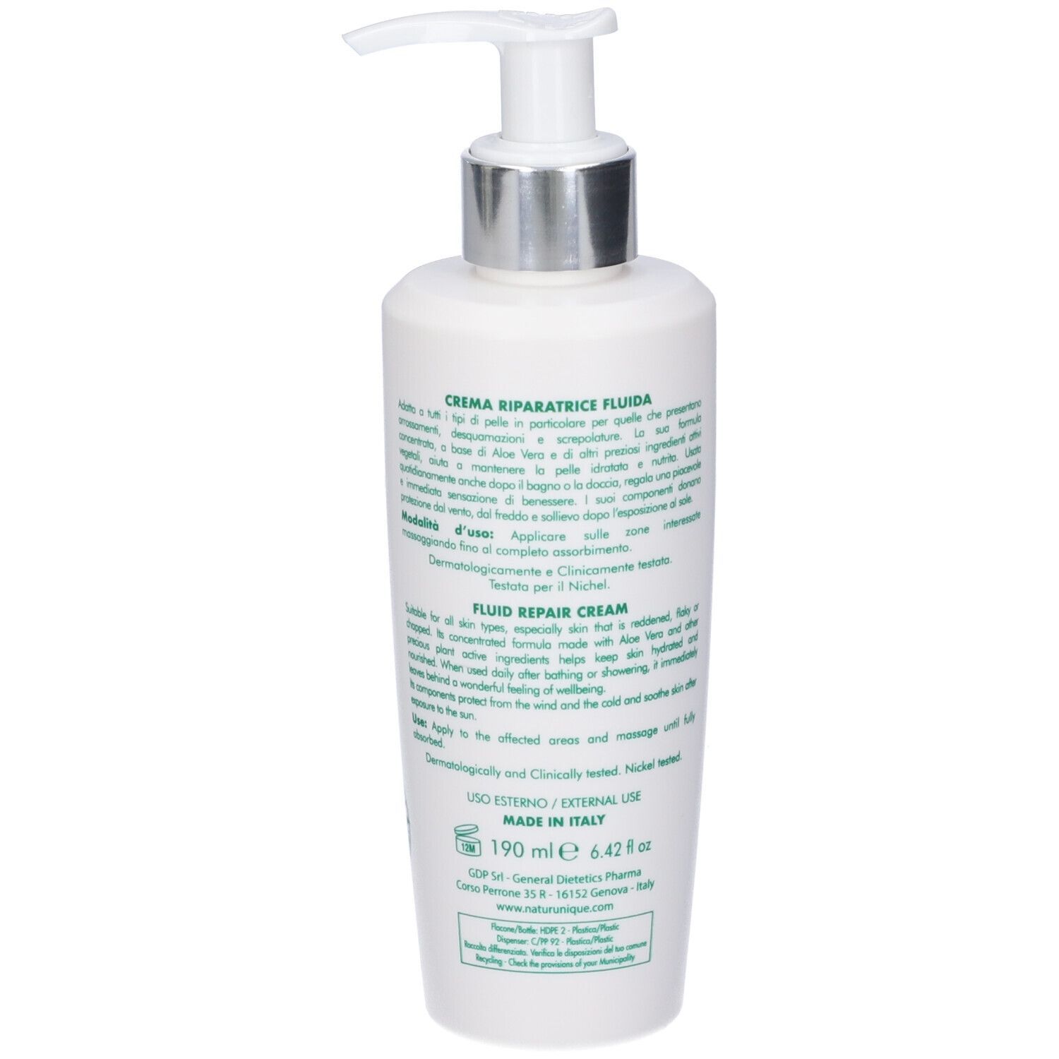 Flacone bianco con dosatore a pompa. Retro con testo. Scritta: Aloe Attiva, Crema Riparatrice Fluida. 190 ml.