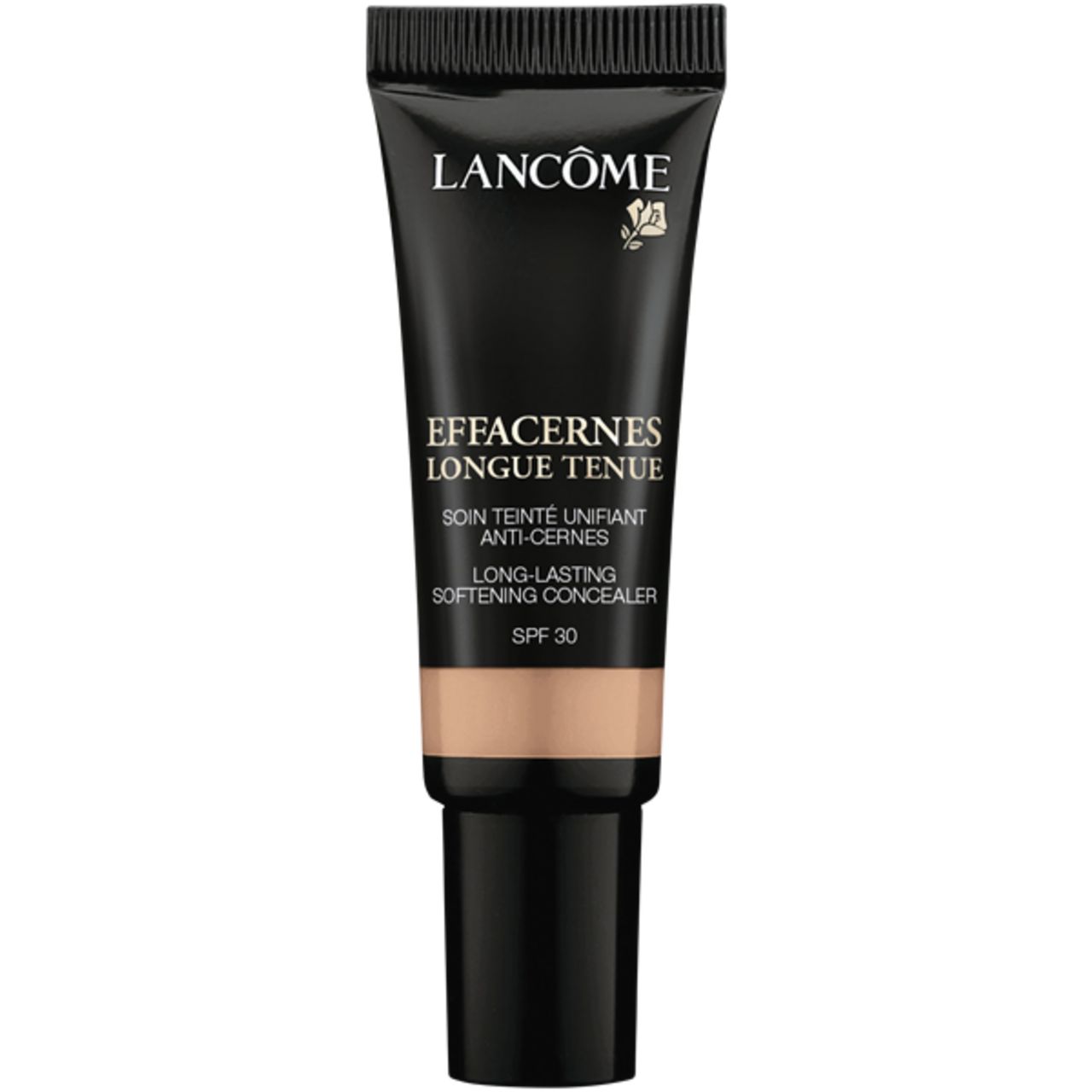 Tubo nero con logo 'Lancôme'. Testo: 'Effacernes Longue Tenue'. Correttore colorato con SPF 30.