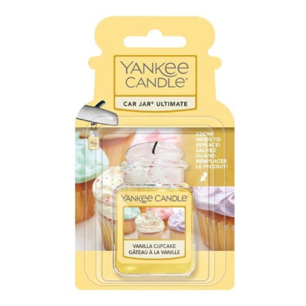 Yankee Candle Car Jar Ultimate, Vanilla Cupcake. Barattolo giallo con gancio. Scritta: Vanilla Cupcake, Gâteau à la Vanille.