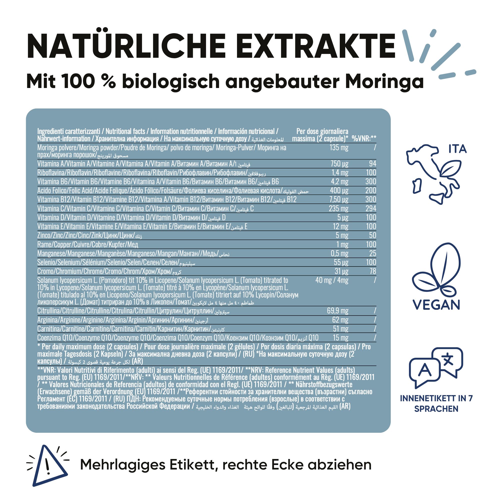 Retro di una bottiglia RedMoringa con informazioni nutrizionali, sigillo vegan e etichettatura multilingue.