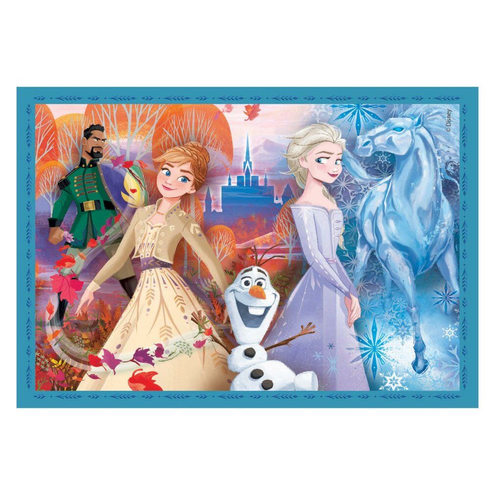 Sezione puzzle con Anna, Elsa, Olaf, Kristoff e un cavallo. Scena in un paesaggio autunnale. Cornice blu.