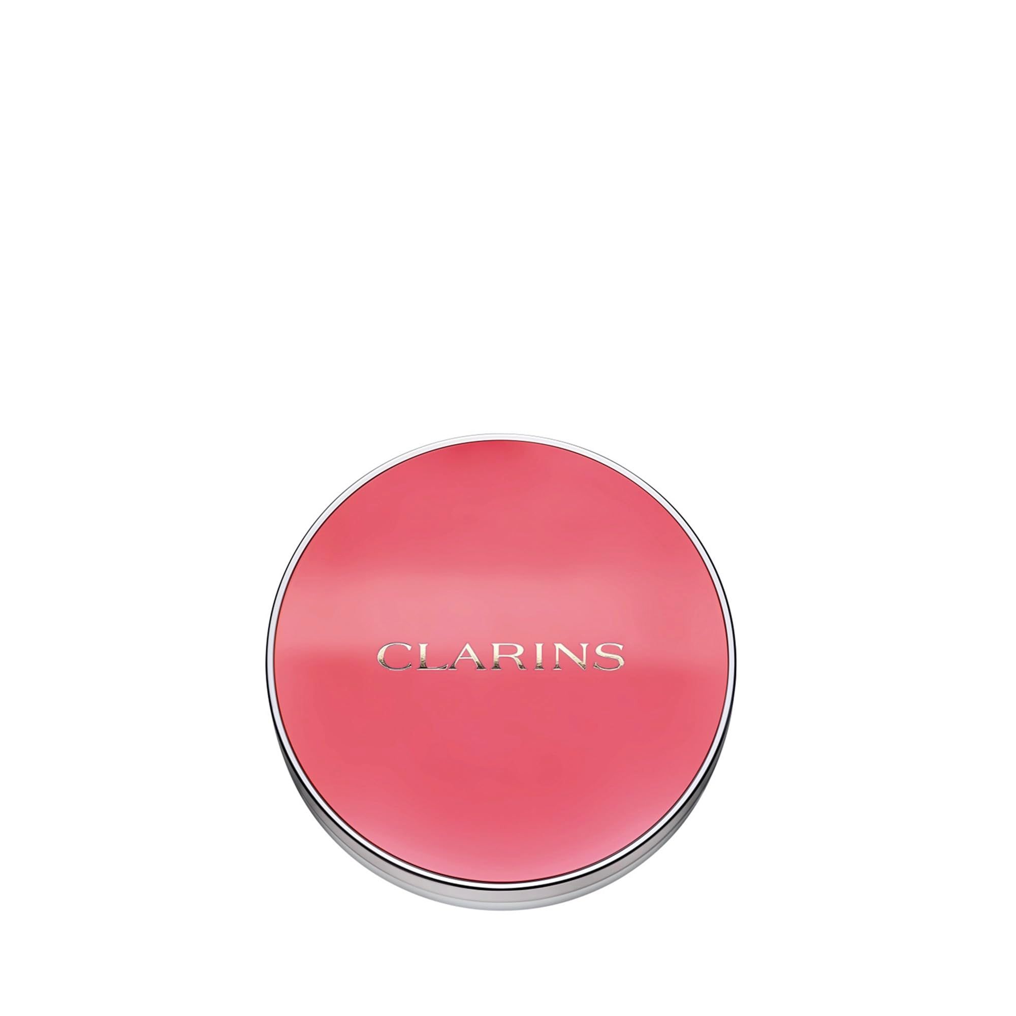 Contenitore di blush rotondo chiuso. Polvere rosa, coperchio argentato. Logo Clarins sul coperchio.
