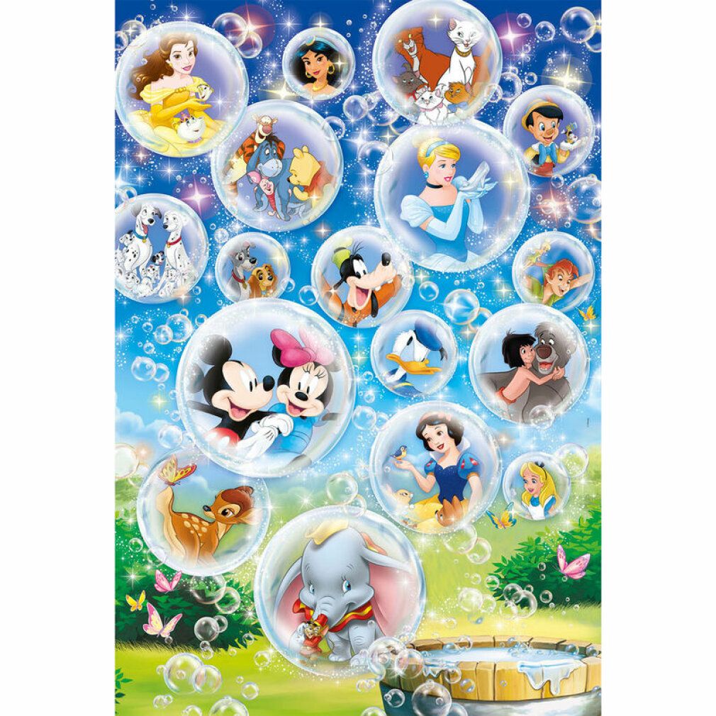 Puzzle Disney completo con personaggi in bolle. 60 pezzi. Personaggi: Topolino, Minnie, Biancaneve. Marca: Clementoni.