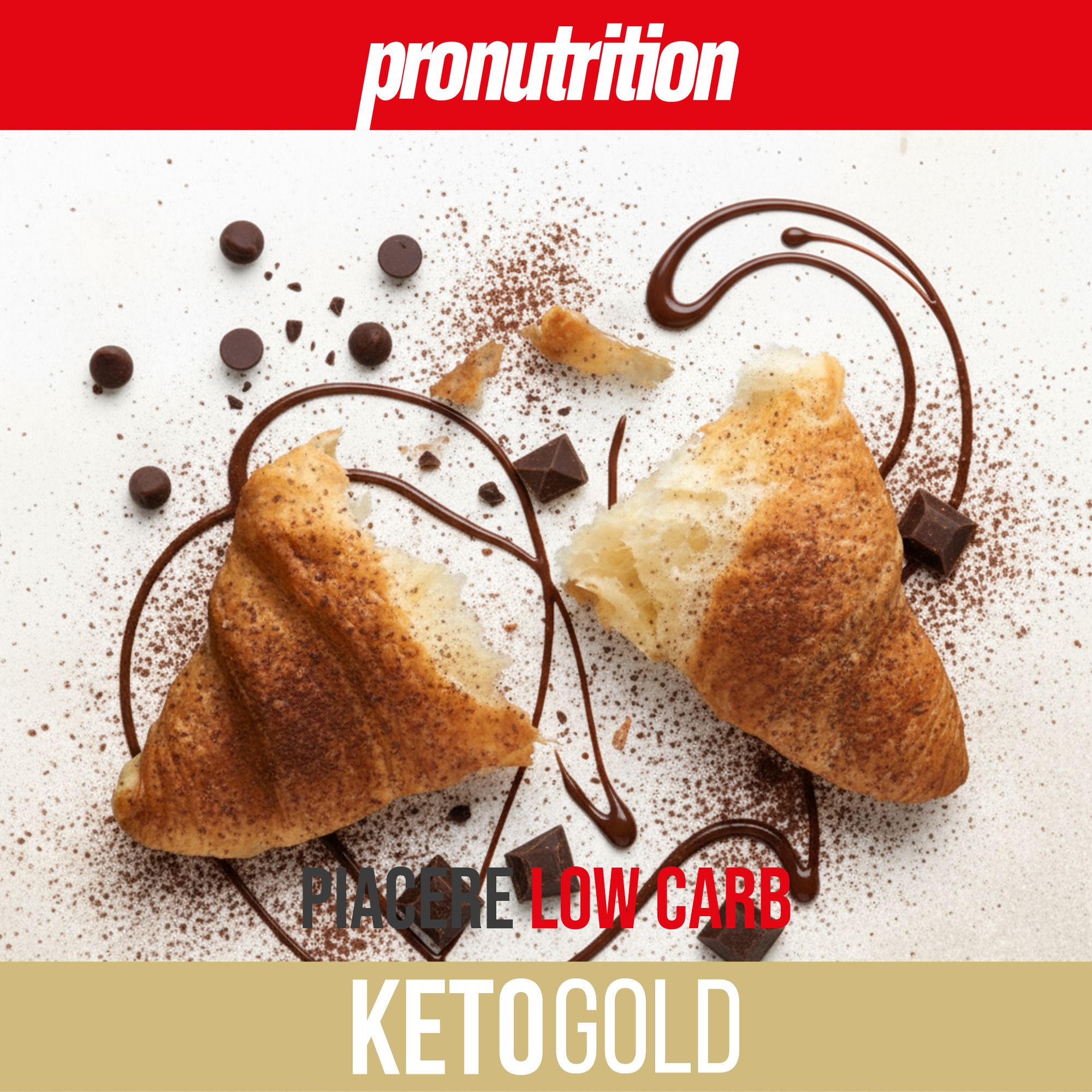 Due croissant, gocce di cioccolato, cacao in polvere. Testo: PIACERE LOW CARB, KETOGOLD, Pronutrition.