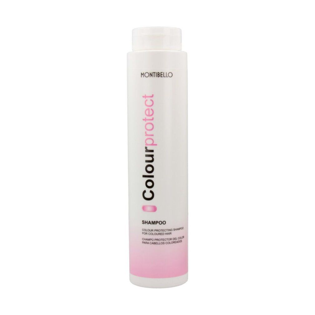 Flacone bianco Montibello Colourprotect Shampoo con accenti rosa. Per capelli colorati.