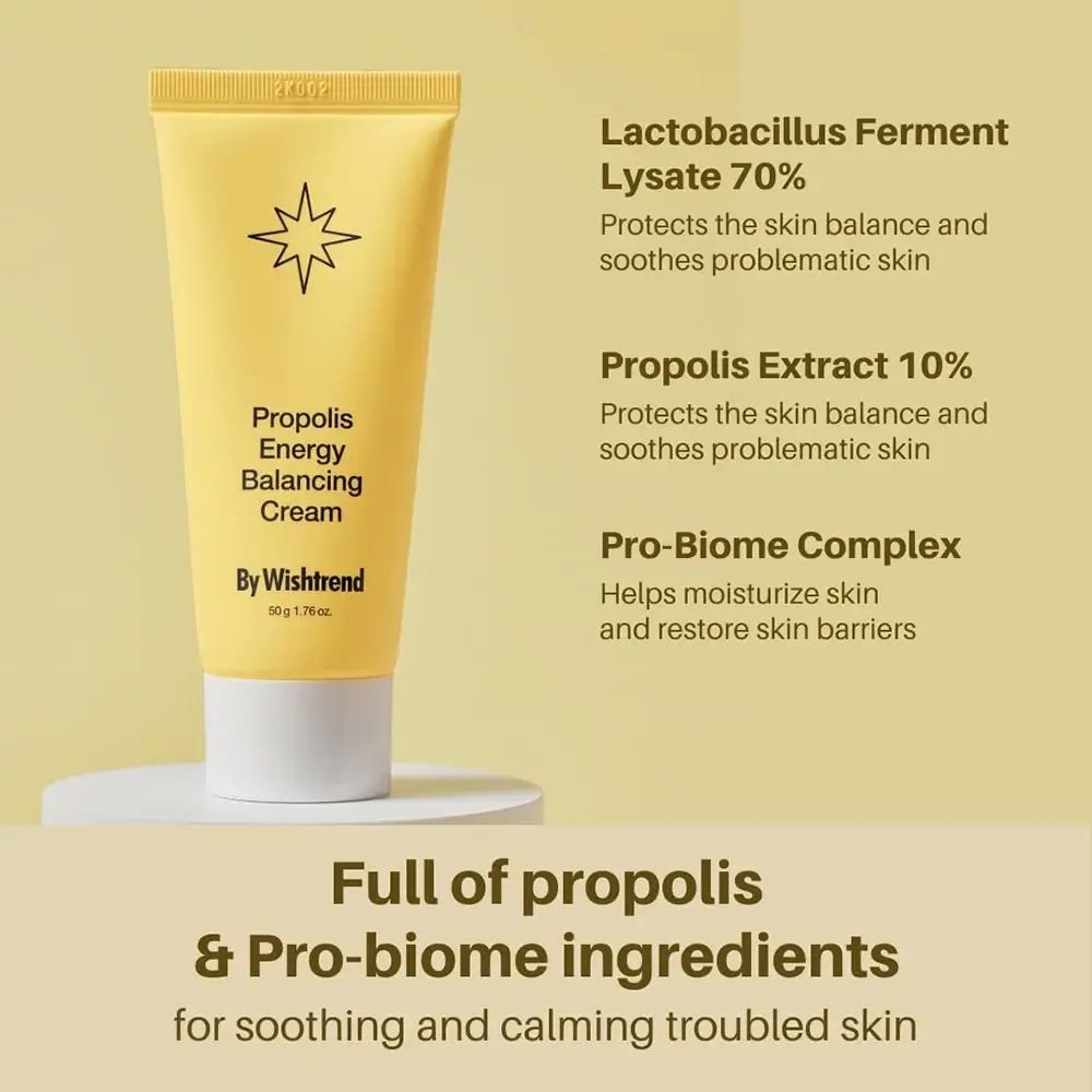 Tubo giallo con testo e ingredienti. Testo: Propolis Energy Balancing Cream, By Wishtrend. Ingredienti: Lactobacillus, Propolis, Pro-Biome.