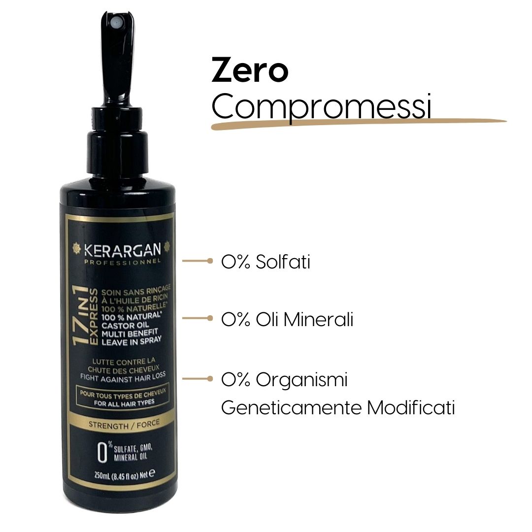 Flacone spray nero Kerargan Professional 17in1 Express Leave-In Spray. 250ml. 0% solfati, oli minerali, OGM.