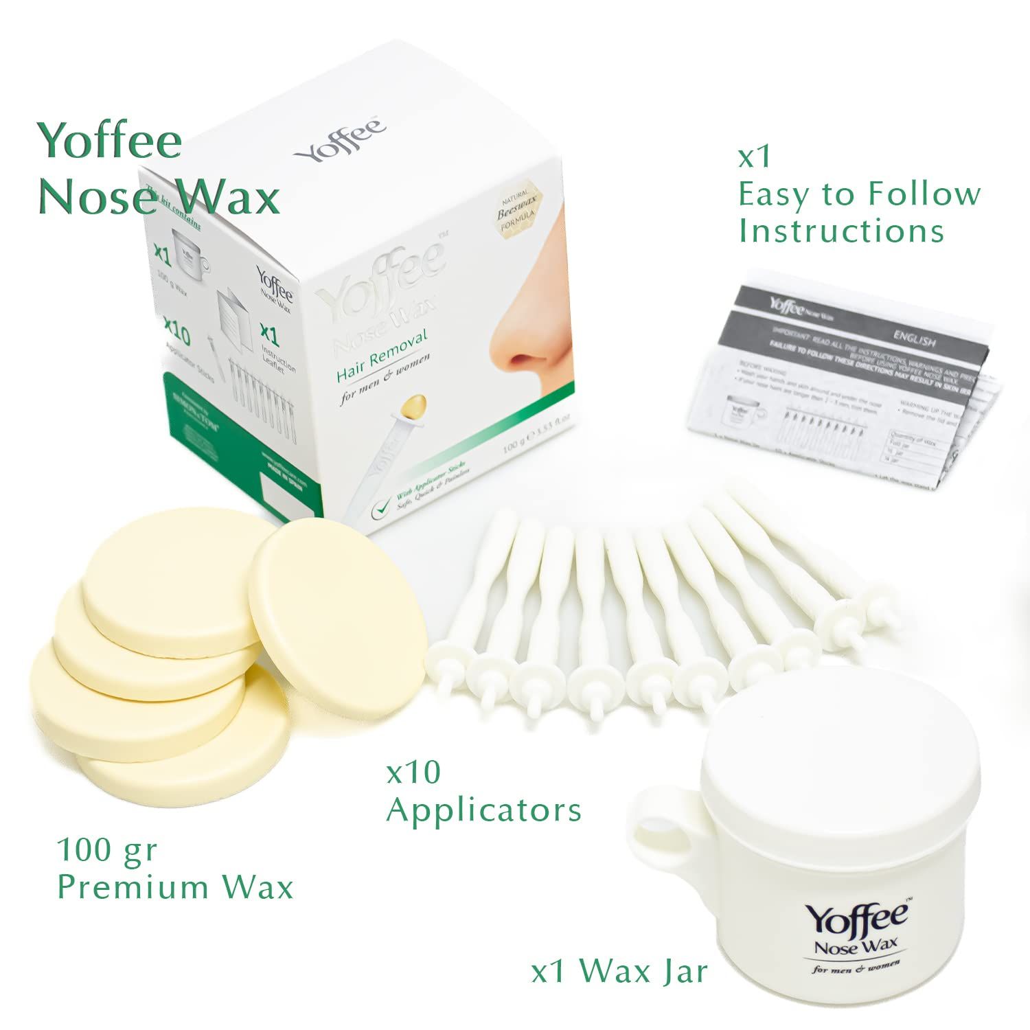 Kit per la rimozione dei peli del naso. Include cera, applicatori, barattolo di cera, dischetti di cera e istruzioni. Nome prodotto: Yoffee Nose Wax.
