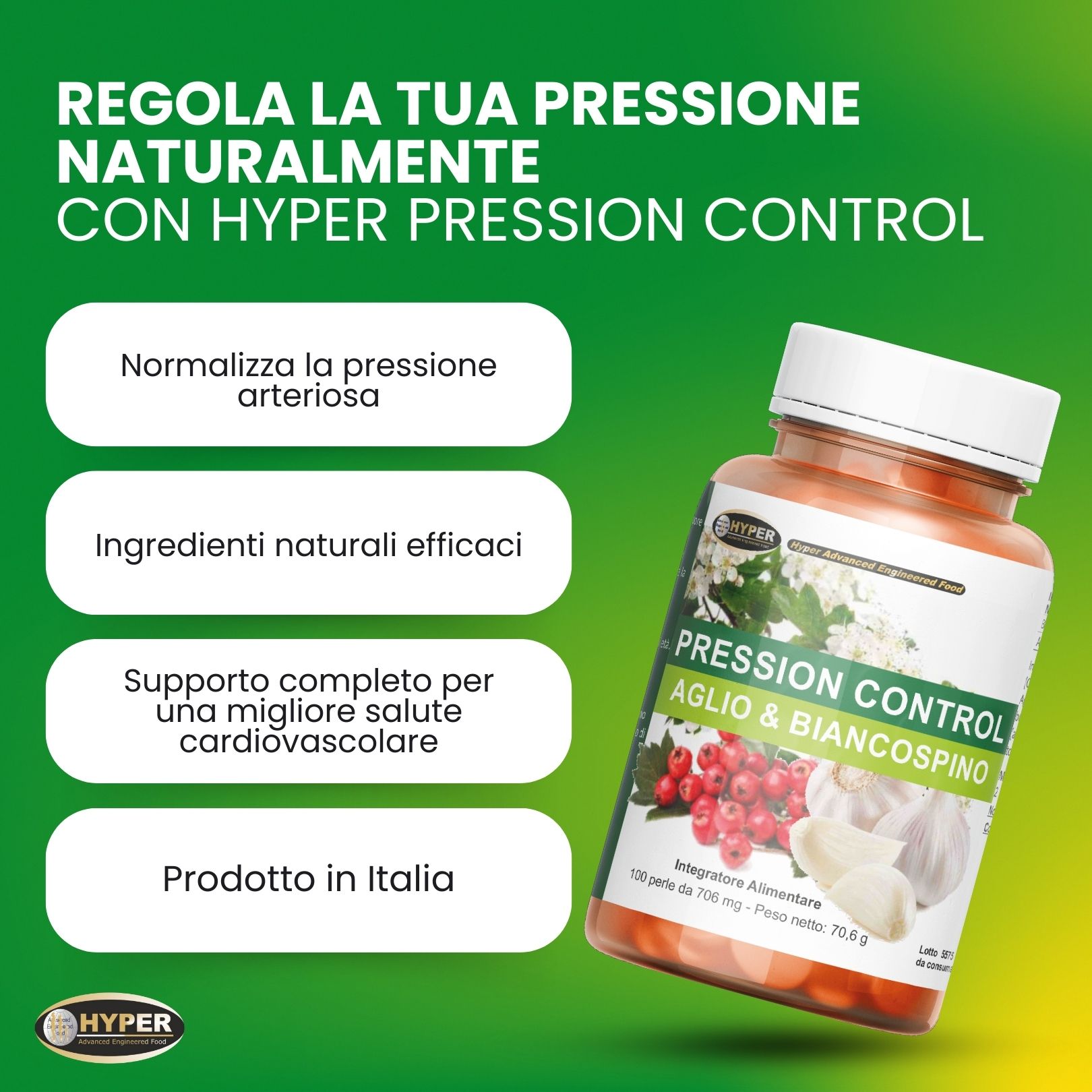 Flacone marrone con capsule. Scritta: Pression Control Aglio & Biancospino. Testo sui benefici del prodotto.