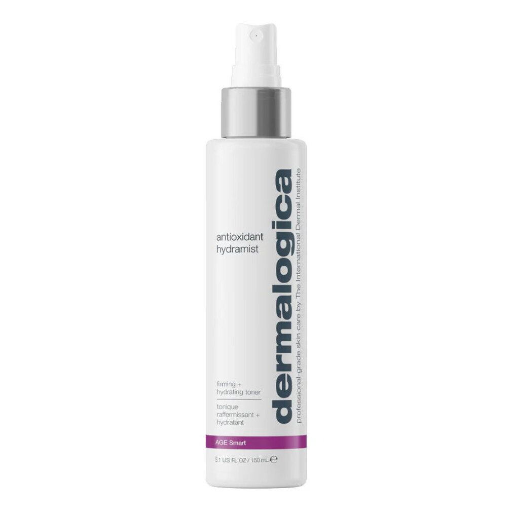 Flacone spray Dermalogica Antioxidant Hydramist, 150ml, con erogatore argentato.