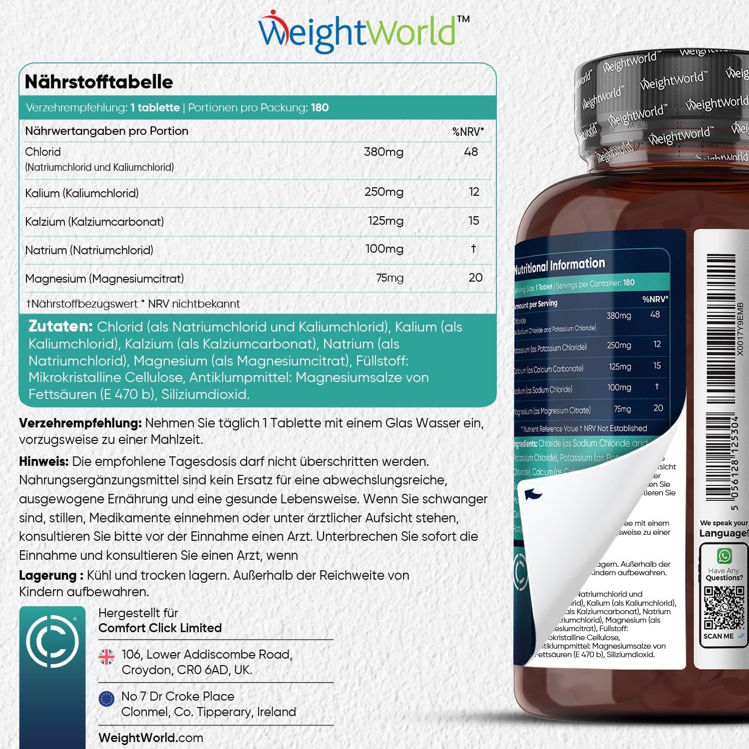 Retro del flacone Elektrolyt Komplex con tabella nutrizionale. Testo: informazioni nutrizionali, ingredienti, raccomandazioni, conservazione.