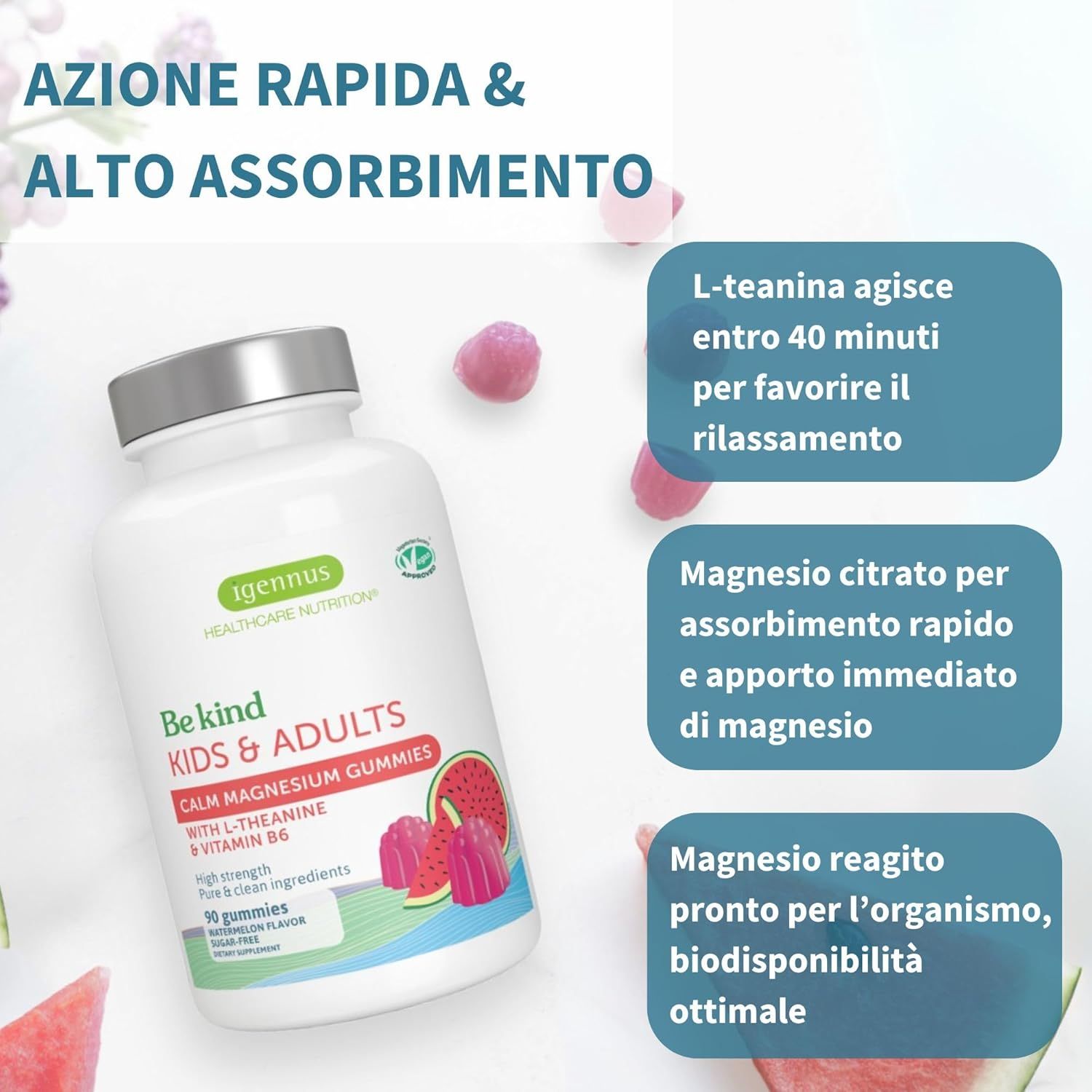 Bottiglia 'Be kind Kids & Adults Calm Magnesium Gummies' con fetta di anguria e caramelle gommose. Rapido assorbimento.