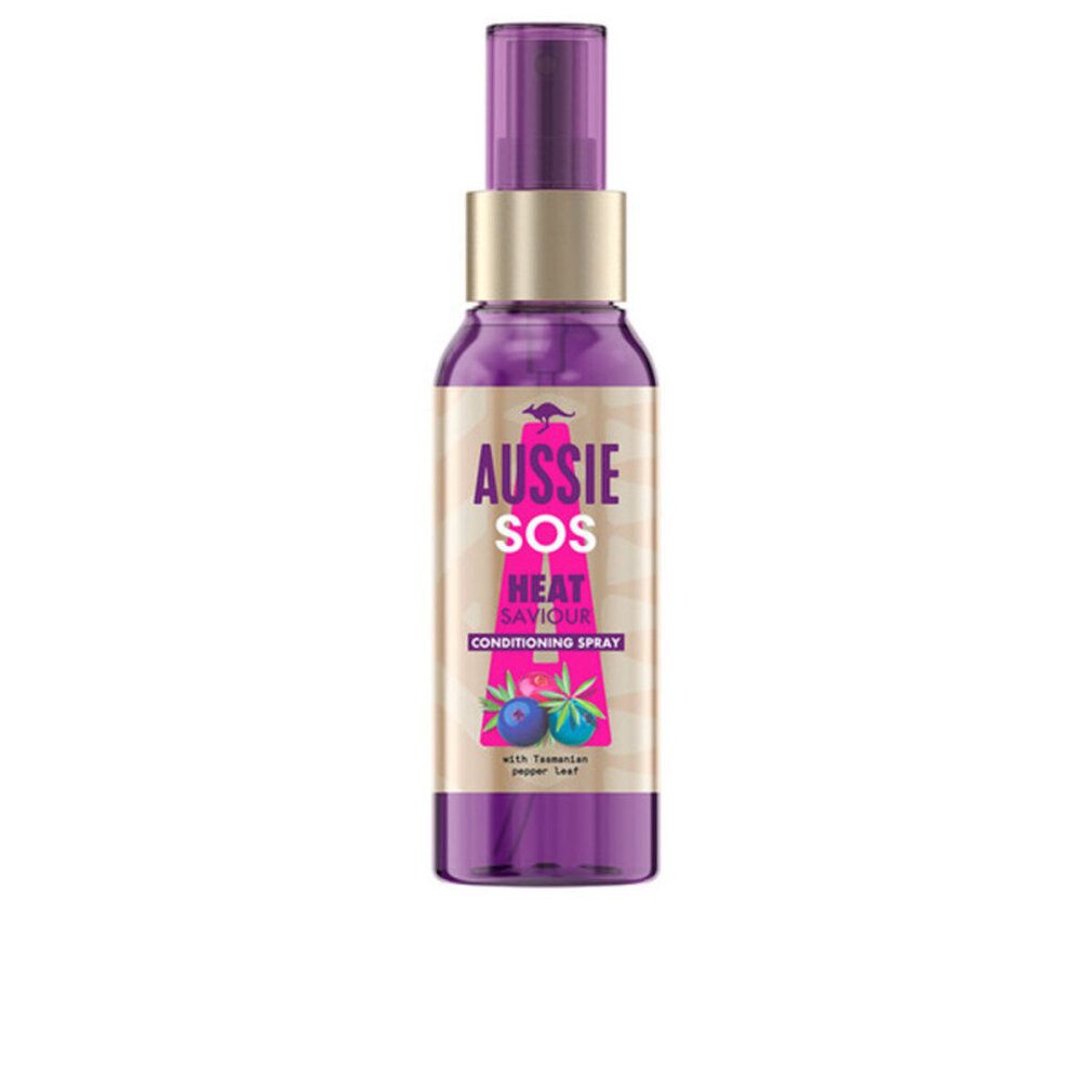 Flacone viola con spruzzatore. Scritta: Aussie SOS Heat Saviour Conditioning Spray. Con foglia di pepe della Tasmania.