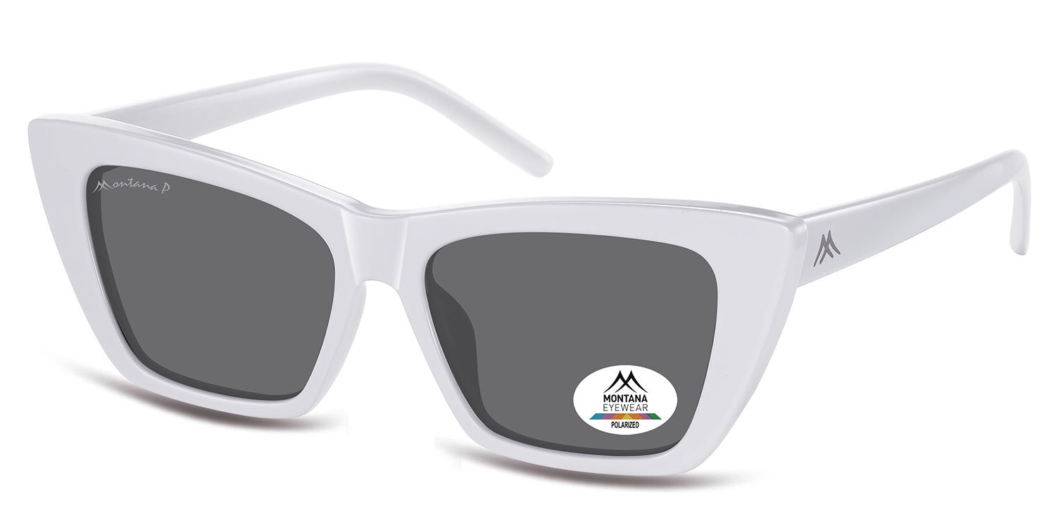 Occhiali da sole bianchi con lenti grigie. Logo Montana Eyewear ed etichetta Polarized. Forma a occhi di gatto.