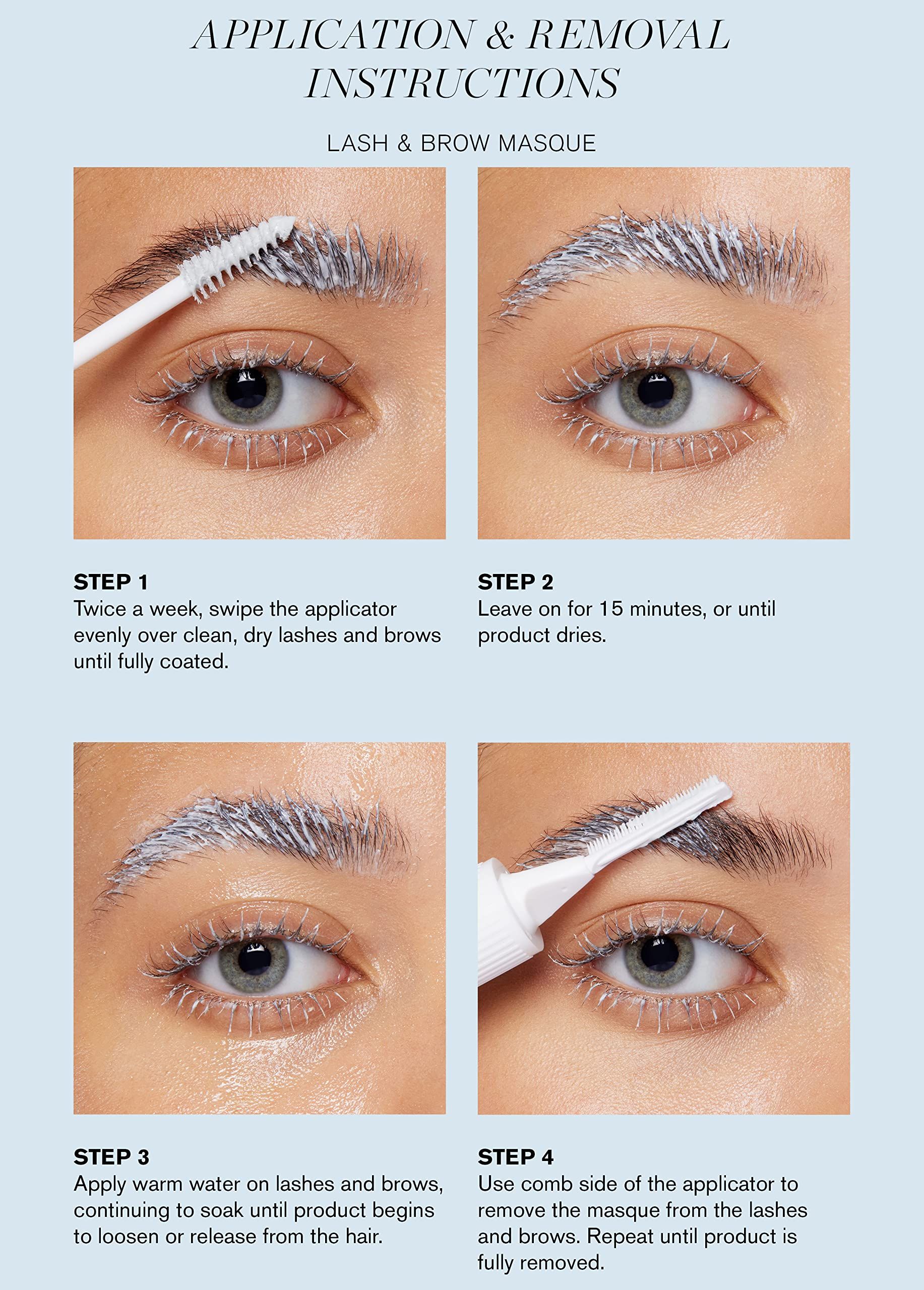 Istruzioni in quattro fasi per applicare il prodotto su ciglia e sopracciglia. Testo: LASH & BROW MASQUE.