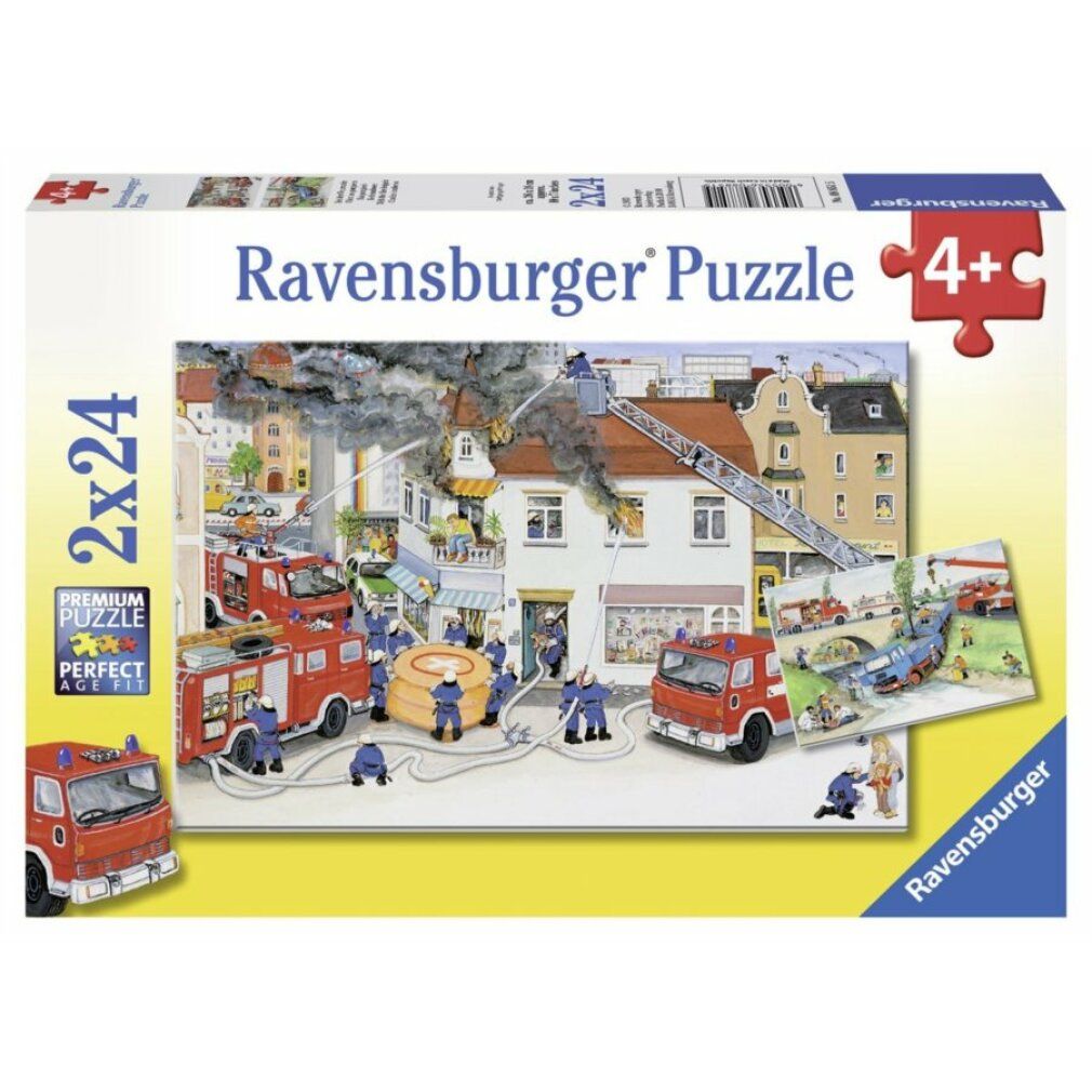 Pz. Bei der Feuerwehr 2x24T. Scatola puzzle con motivo pompieri. Contiene 2 puzzle da 24 pezzi ciascuno. Età: 4+. Marca: Ravensburger.