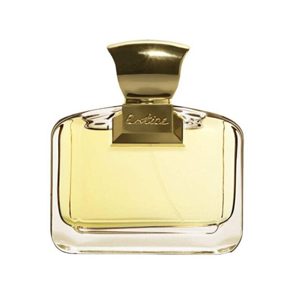 Flacone di profumo con tappo dorato. Forma rettangolare, vetro trasparente, liquido dorato.