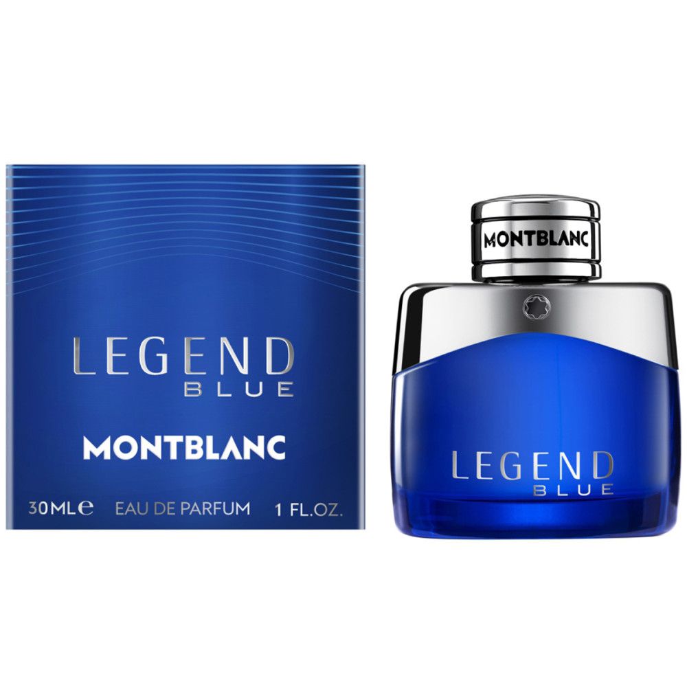 Flacone blu e scatola. Scritta: LEGEND BLUE, MONTBLANC, 30ml Eau de Parfum, 1 Fl.oz.
