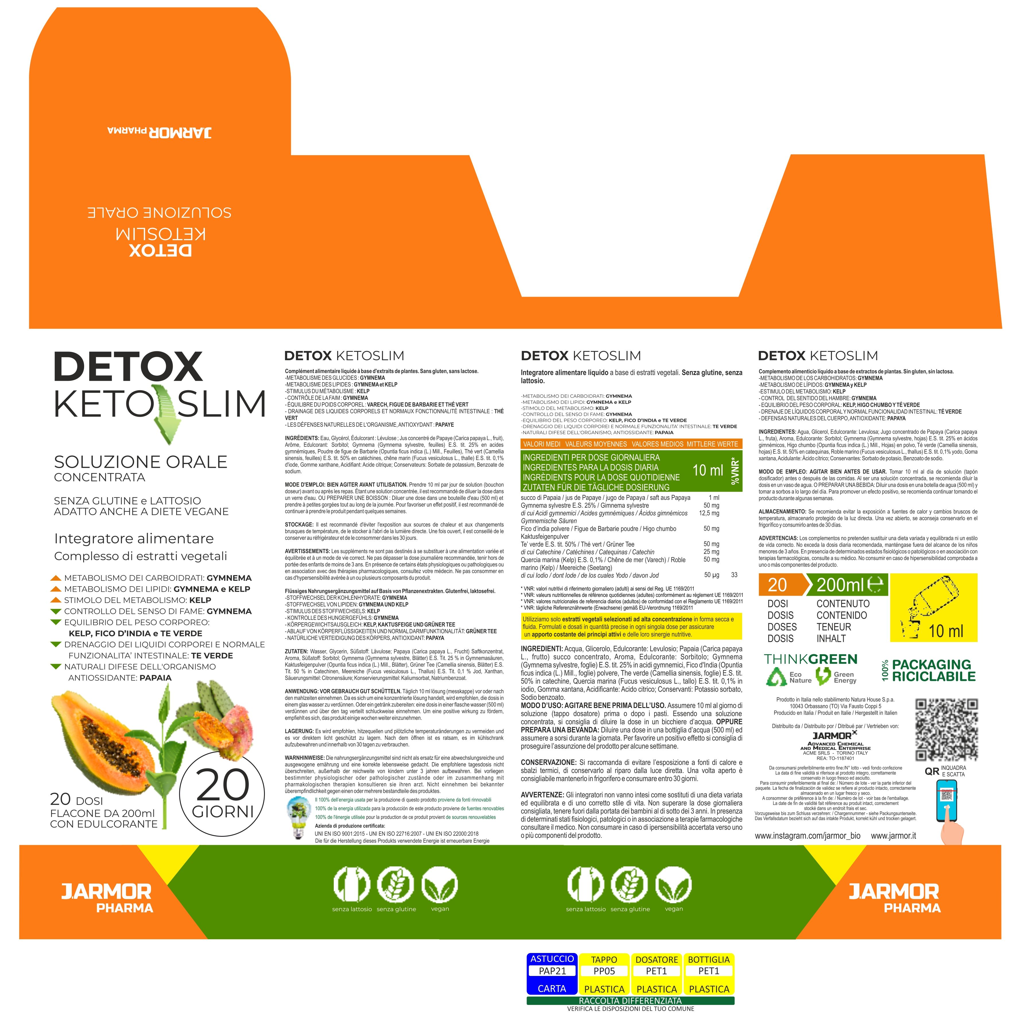 Confezione di Detox Keto Slim. Testo: 20 flaconcini con dolcificante, 20 giorni.