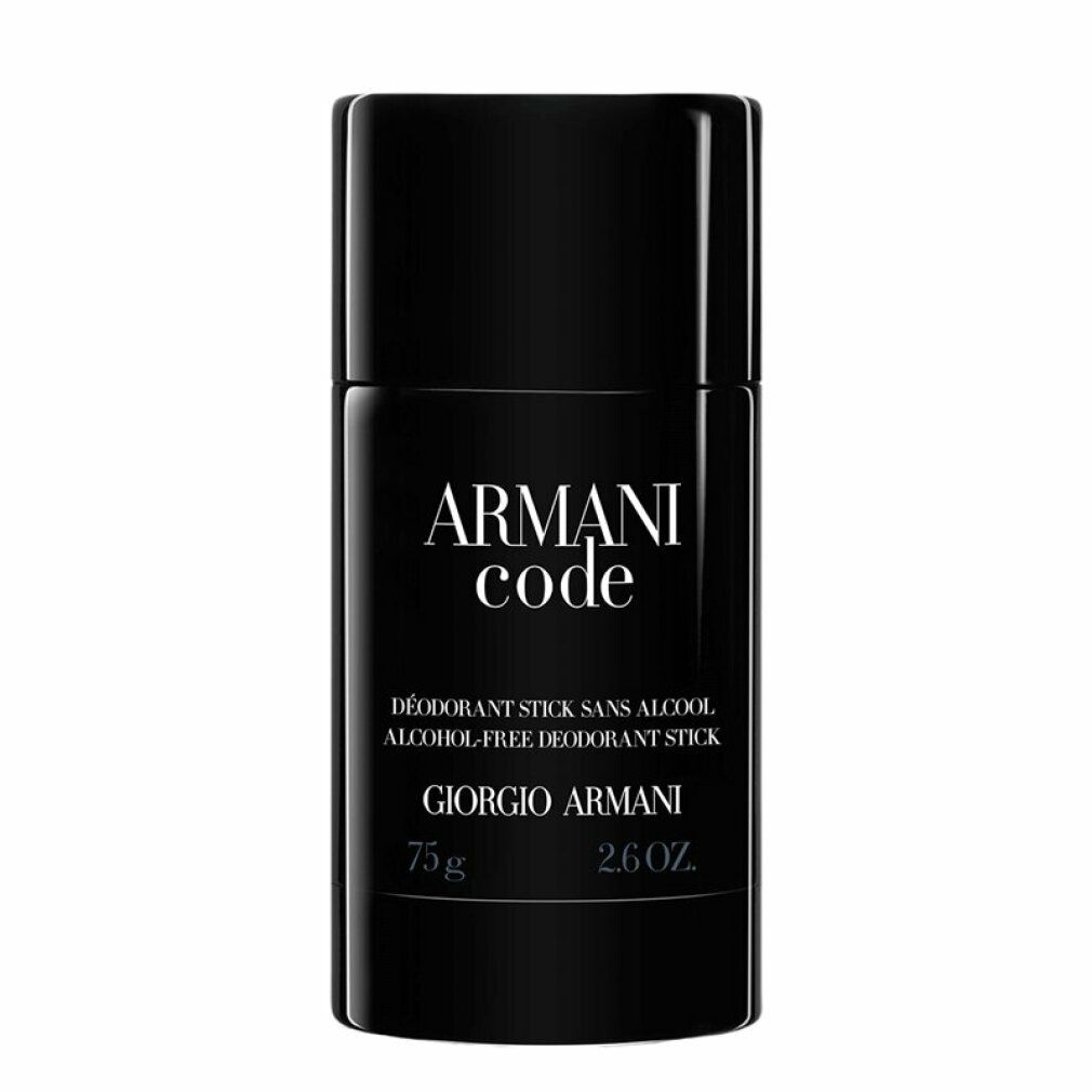 Deodorante stick nero. Scritta: ARMANI code, GIORGIO ARMANI, Deodorant Stick sans alcool, 75 g, 2.6 oz.