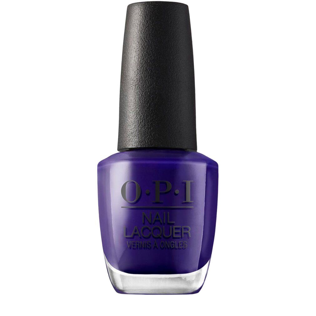 Flacone di smalto OPI. Colore viola, tappo nero. Scritta: OPI NAIL LACQUER.