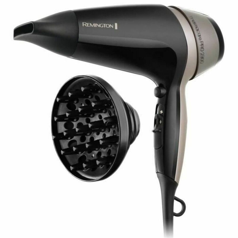 Asciugacapelli nero e oro con diffusore. Marchio Remington. Modello Thermacare Pro 2300 visibile sull'asciugacapelli.