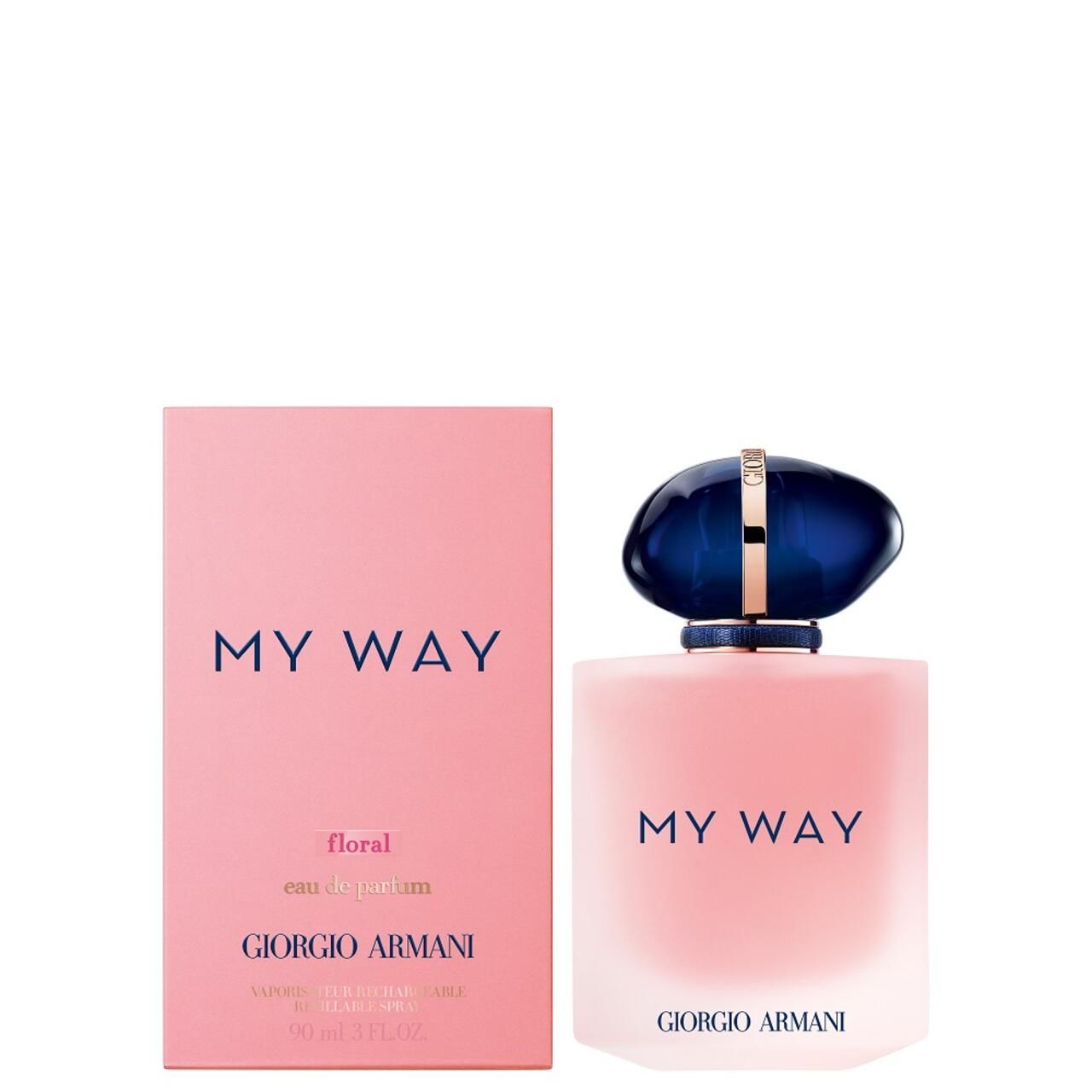 Scatola e flacone rosa. Scritta "MY WAY", "floral" e "GIORGIO ARMANI".
