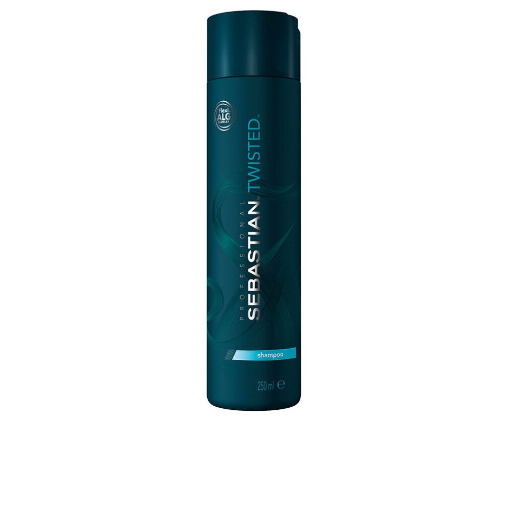 Flacone blu di shampoo. Scritta: Sebastian. Twisted. Shampoo per capelli ricci. 250 ml.