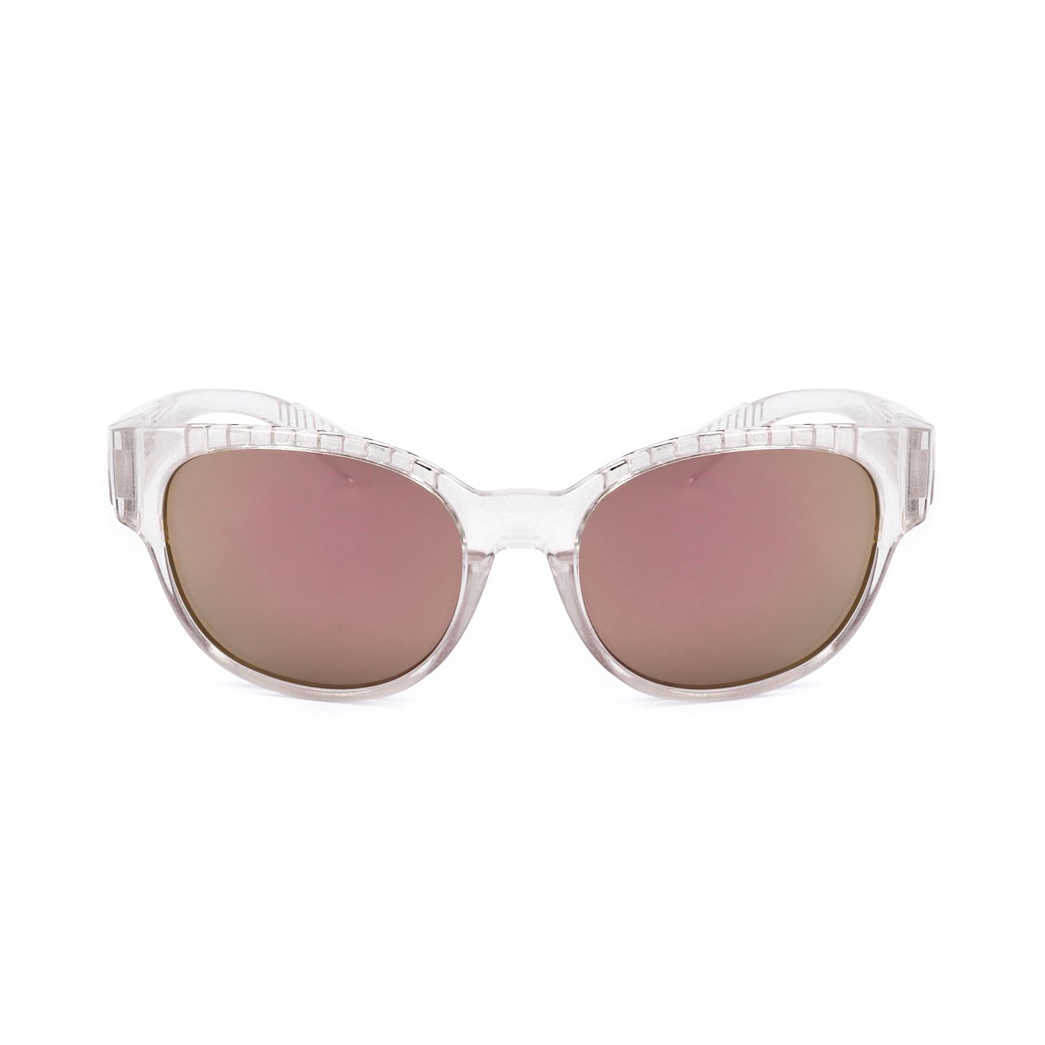 Occhiali da sole con montatura trasparente e lenti rosa.