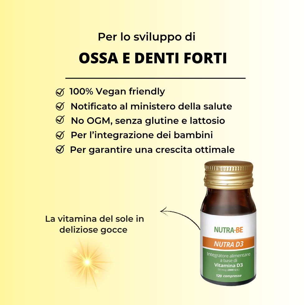 Flacone con etichetta. Testo: "Per lo sviluppo di OSSA E DENTI FORTI" e informazioni. 100% Vegan, senza glutine.