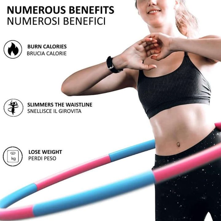 Donna con hula-hoop. Testo: Numerosi benefici. Simboli per bruciare calorie, girovita e perdita di peso.