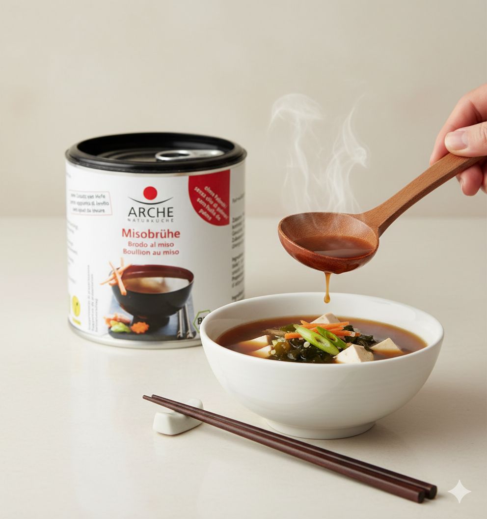 Lattina di brodo miso Arche accanto a una ciotola di zuppa miso fumante con tofu e alghe. Un cucchiaio di legno versa brodo nella ciotola.