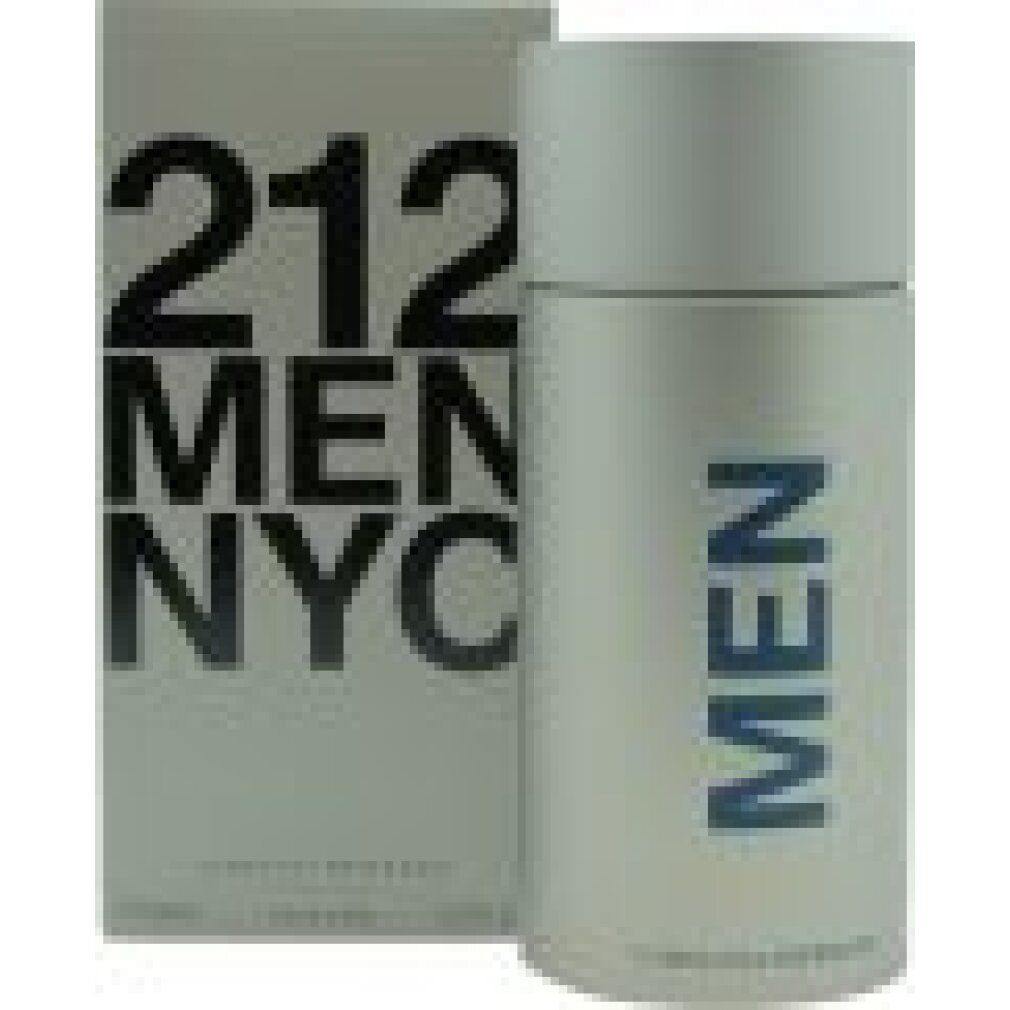 Carolina Herrera 212 Men NYC Eau de Toilette. Flacone e scatola. Grigio chiaro. Scritta: 212 MEN NYC, MEN, Carolina Herrera.