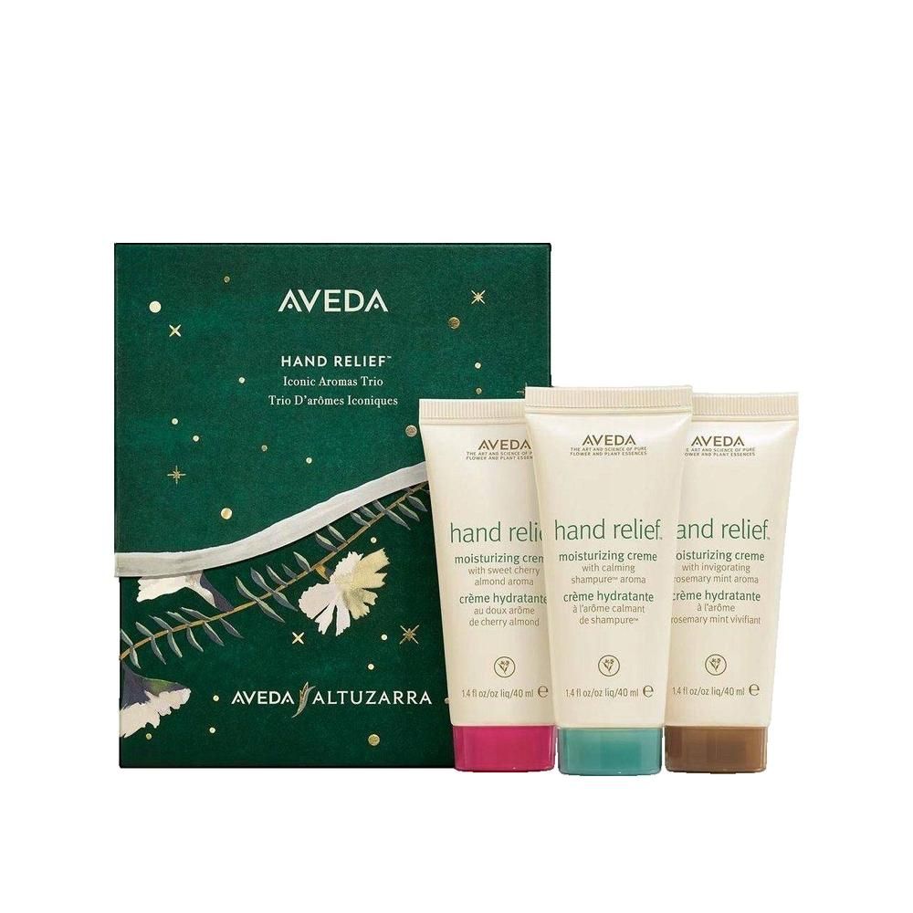 Set regalo con tre creme mani e scatola. Creme rosa, turchese e marrone. Testo: Aveda Hand Relief.