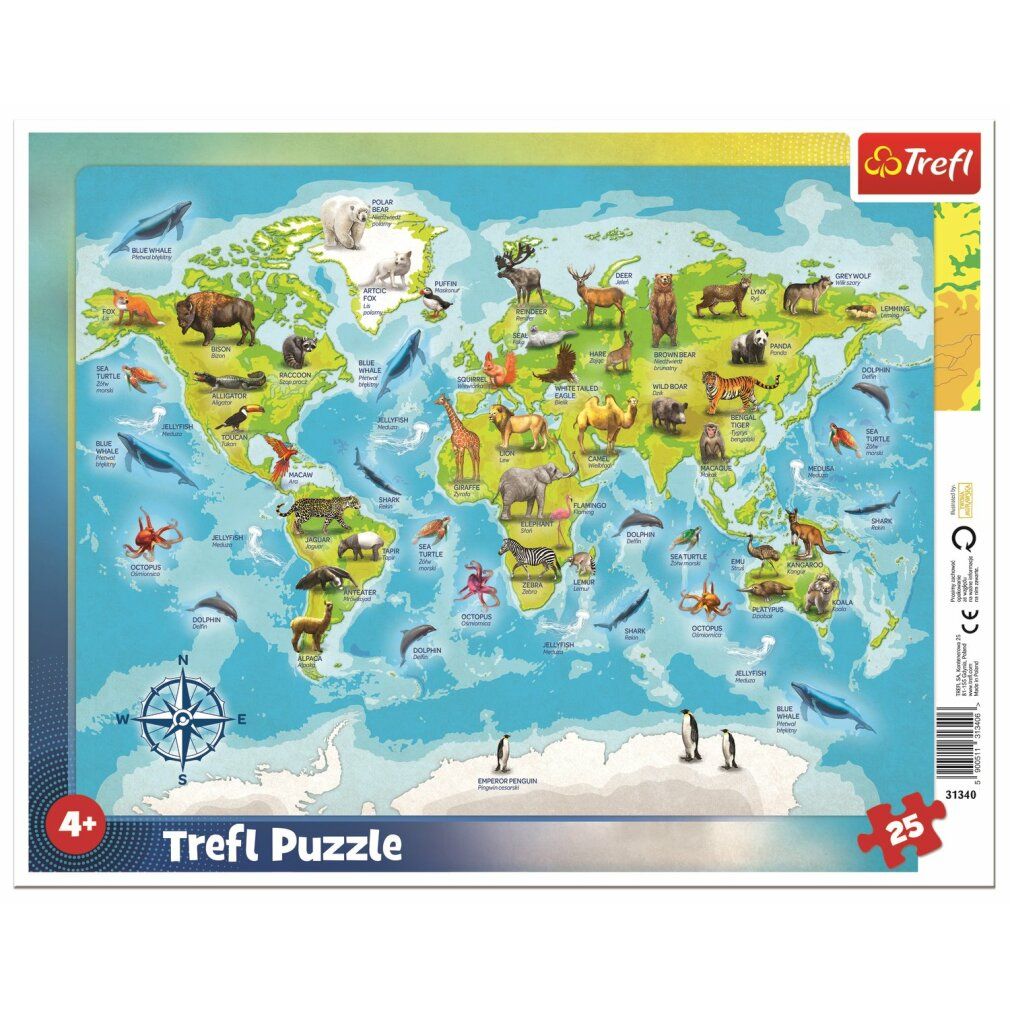 trefl Puzzle mappa del mondo con animali 25 pezzi