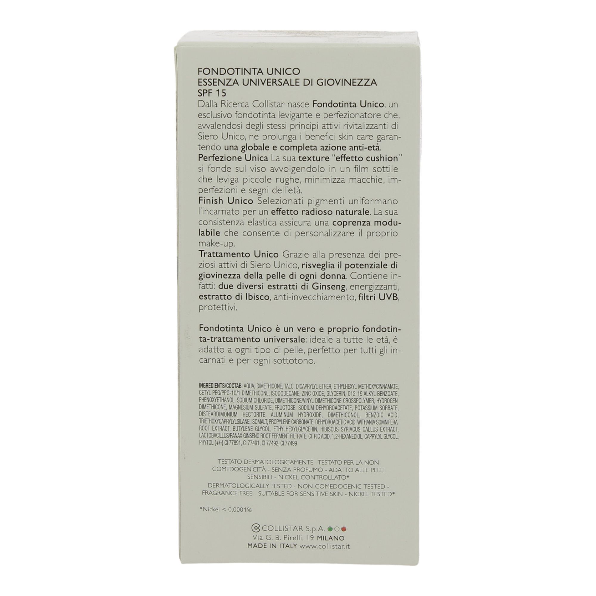 Retro della confezione Fondotinta Unico Collistar. Testo in italiano. Contiene ingredienti e informazioni.