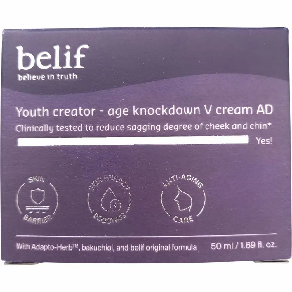 Scatola viola scuro. Testo: belif, Youth creator - age knockdown V cream AD. 50 ml. Loghi: Skin Barrier, Skin Energy Boosting, Anti-Aging Care.
