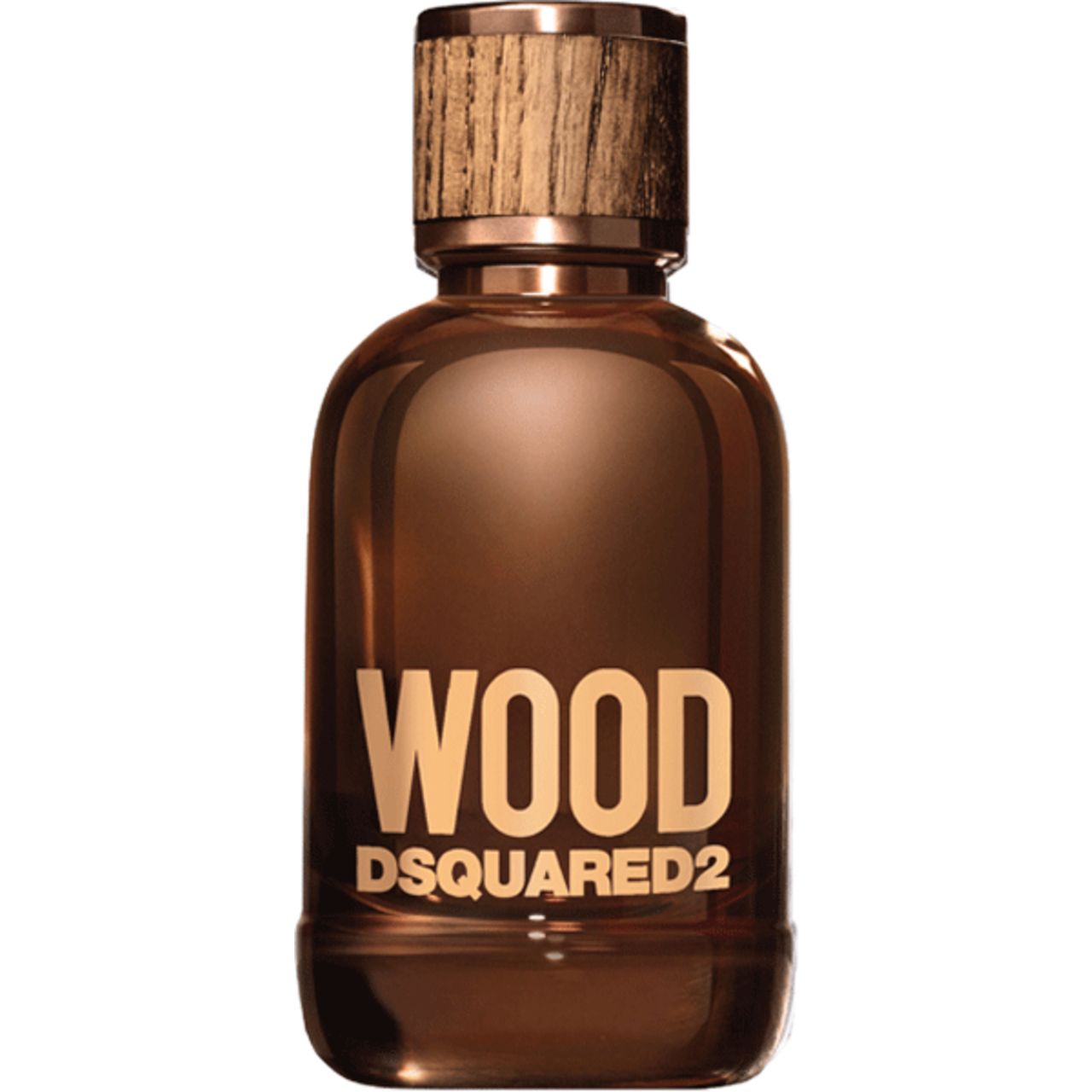 Flacone marrone con tappo in legno. Scritta WOOD DSQUARED2. Eau de toilette per uomo.